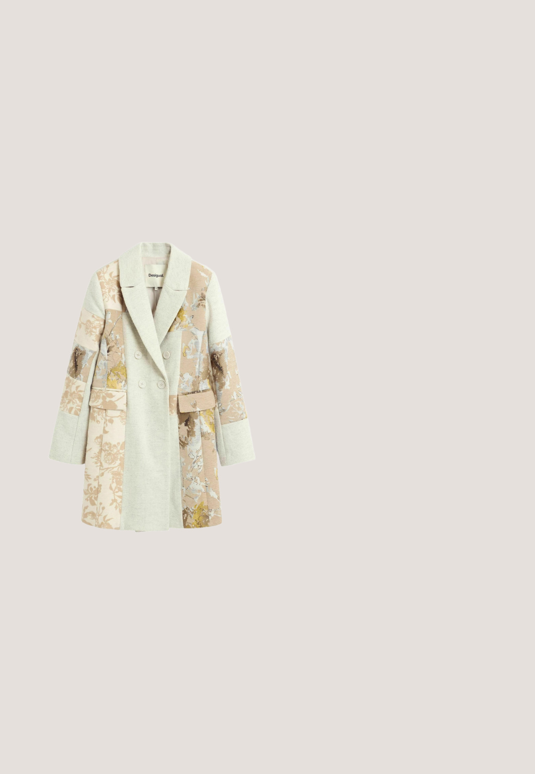 Lang beige og creme dobbeltbrystet frakke med blandede blomster- og abstrakte patchworkmønstre og en bred krave.; Strikket cardigan med diamantmønstre, lyserøde og lavendelpaneler, orange venstre ærme, grønblåt højre ærme, regnbuekant og flerfarvede knapper.; Strikkjole med lange ærmer, rund halsudskæring og lodrette striber i dyb grøn, blå og rød, med horisontale accenter i hvid.; Chunky loafer med tyk sort platformsål, sort bund, brun overdel og lyserød stroppdetalje tværs over toppen, vist fra siden.; Silseskørt bundet som en sløjfe med farverige geometriske, blomstertegn og teksten "kate spade NEW YORK" i den ene ende.; Teal læder Furla håndtaske med top håndtag, aftagelig skulderrem, guldlås og tekstureret finish på en hvid baggrund.