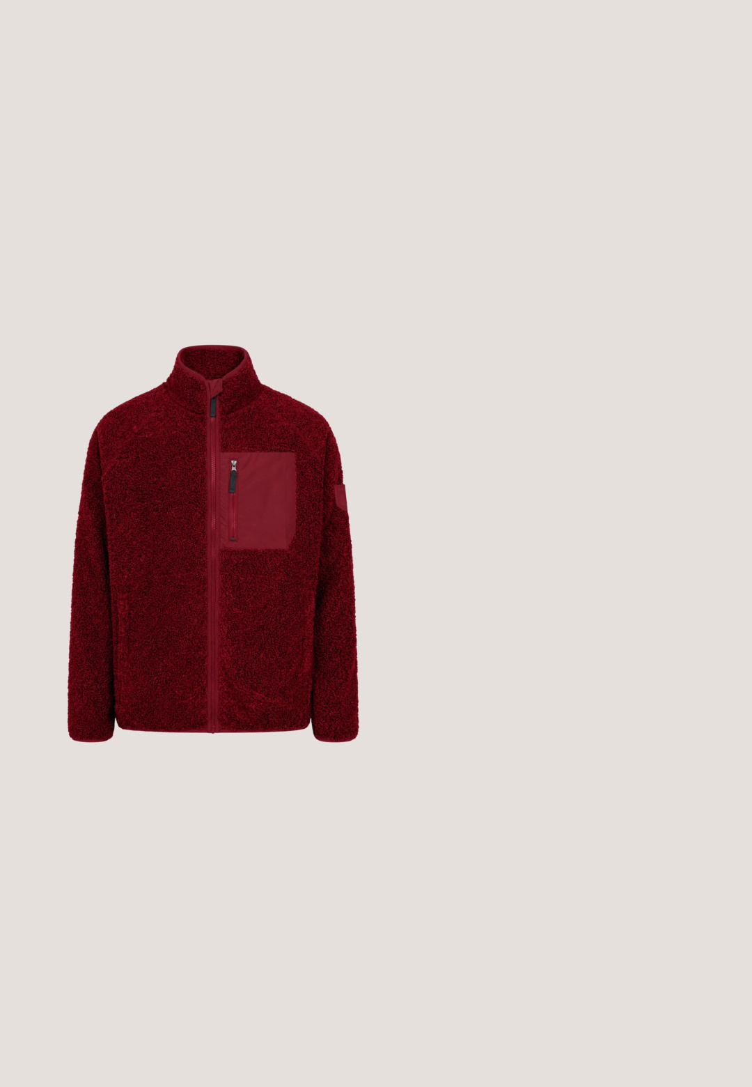 Dunkelrote Fleecejacke mit durchgehendem Reißverschluss, Stehkragen und Reißverschlusstasche an der Brust aus glattem Stoff vor weißem Hintergrund.; Fleecepullover in Staubrosa mit einem Viertel-Reißverschluss, gerippten Bündchen und einem kleinen runden Logo auf der Brust. Weiche Textur und entspannte Passform.; Roter wasserdichter Skianzug mit Kapuze, ausgestattet mit schwarzen Reißverschlüssen und Akzenten, mehreren Taschen und einem strukturierten Stoff für Isolierung.; Bordeauxroter und schwarzer Sportschuh mit weißer Foamtech-Sohle, schwarzen Schnürsenkeln und R-TEX-Markierung, im Profil auf weißem Hintergrund abgebildet.; Timberland INIETTATO - Sonnenbrille - nero lucido grigio fumo; Schwarze Laptop-Tasche aus Stoff mit zwei oberen Tragegriffen, einem gepolsterten Schultergurt, einer mit Reißverschluss versehenen Fronttasche und einer schlanken rechteckigen Form.