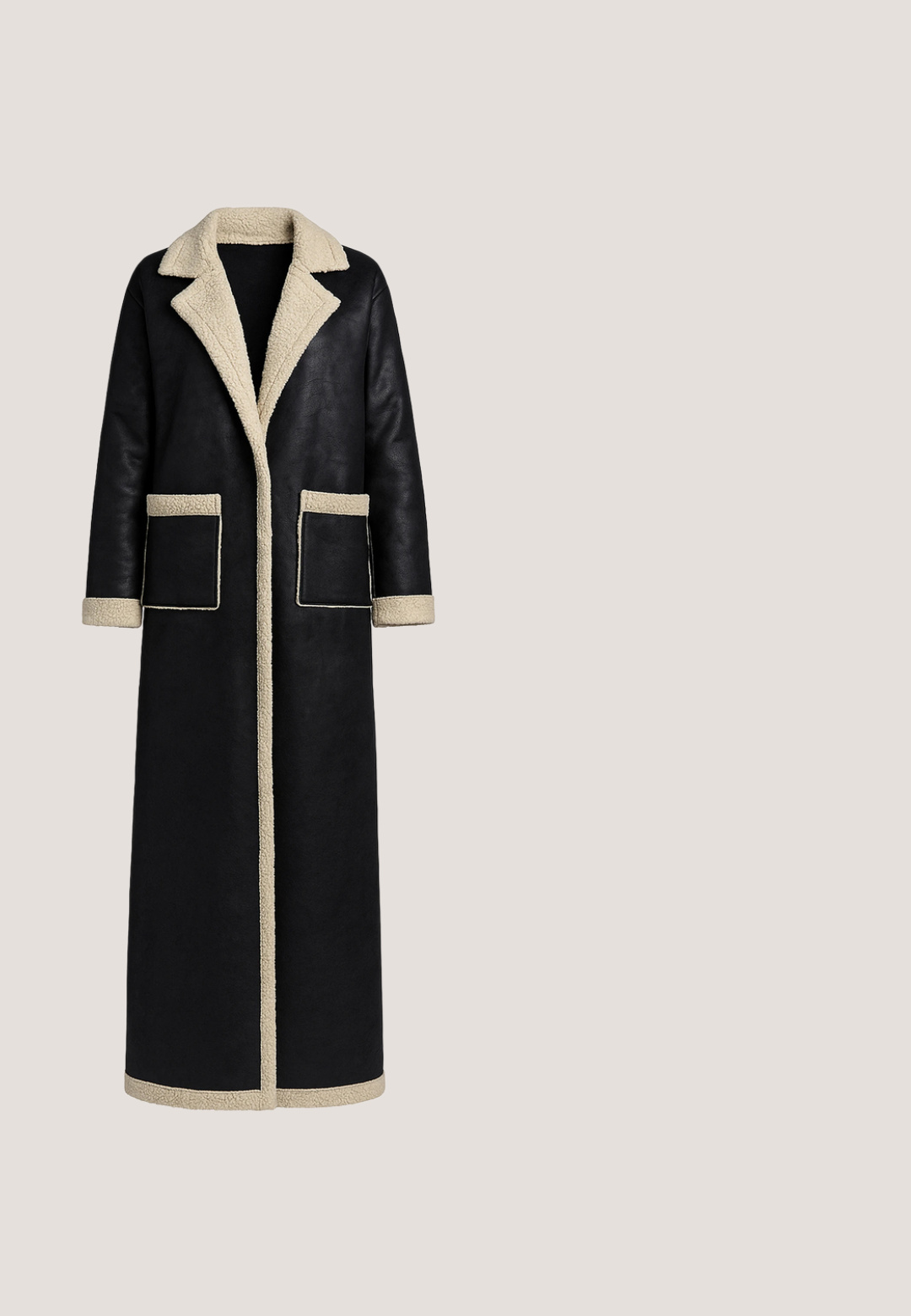 Abrigo largo negro con cuello y ribetes de borrego sintético beige. Cuenta con dos bolsillos delanteros, un corte recto y una textura lisa similar al cuero.; Vestido midi negro acanalado con mangas largas, escote cuadrado y diseño ajustado. Textura suave con silueta entallada.; Zapato de tacón alto de charol negro con punta afilada y un acento metálico en la tapa del dedo. Cuenta con un diseño elegante y una textura suave.; Bolso de mano de cuero negro con una forma estructurada, que cuenta con un asa superior y una correa de cadena en tono dorado. Herrajes decorativos dorados con detalle de logo.; Guantes de cuero negro con textura suave, con costuras a lo largo de los dedos y un diseño ajustado. Material suave y flexible para mayor comodidad.; Collar de cadena de oro con eslabones ovalados entrelazados, superficie texturizada y un broche con un pequeño acento redondo y cadena de extensión.