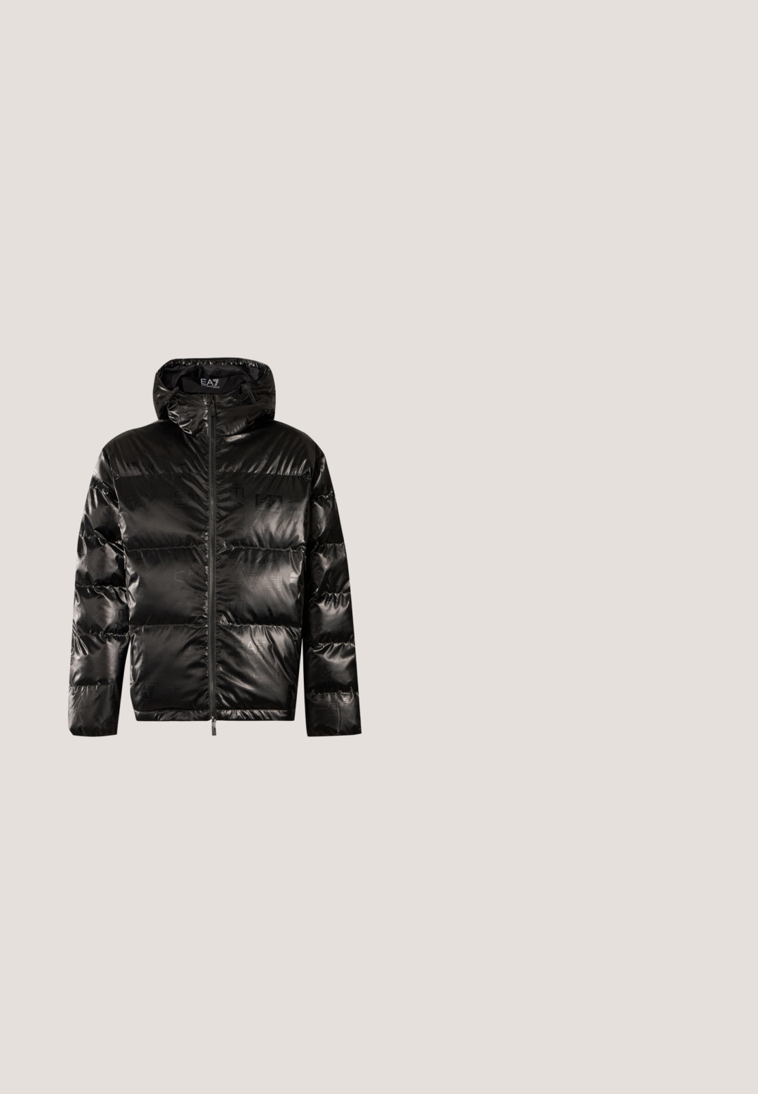 Must läikiv puffer jakk kapuutsiga, ees tõmblukk ja diskreetne over-all EA7 Emporio Armani logo muster kangal.; Heledad roheline kapuutsiga jack, mis on valmistatud pehmest kangast. Sisaldab reguleeritavat kapuutsi, kenguru taskuid ja väikest logo rinnal.; Hele sinine lühikeste varrukatega T-särk musta kursiivkirjaga "Tommy Hilfiger" ja esiküljel kiri "EST. 1985", soonikkoes ümara kaelusega.; Kõrge vöökohaga mustad denimsid, millel on nööp ja luku sulgemine, ees- ja tagataskud ning sirge lõikega.}}]}; Must kõva nahast kingad, millel on õmmeldud muster, ümmargune varvas, kuldsed silmade avad ja paks kummist tald. Omab polsterdatud sisemust ja kanna silmust.; Mustast kootud kangast vöö hõbedase ristkülikukujulise pandla ja musta nahast otsaga, valgel taustal rullis.