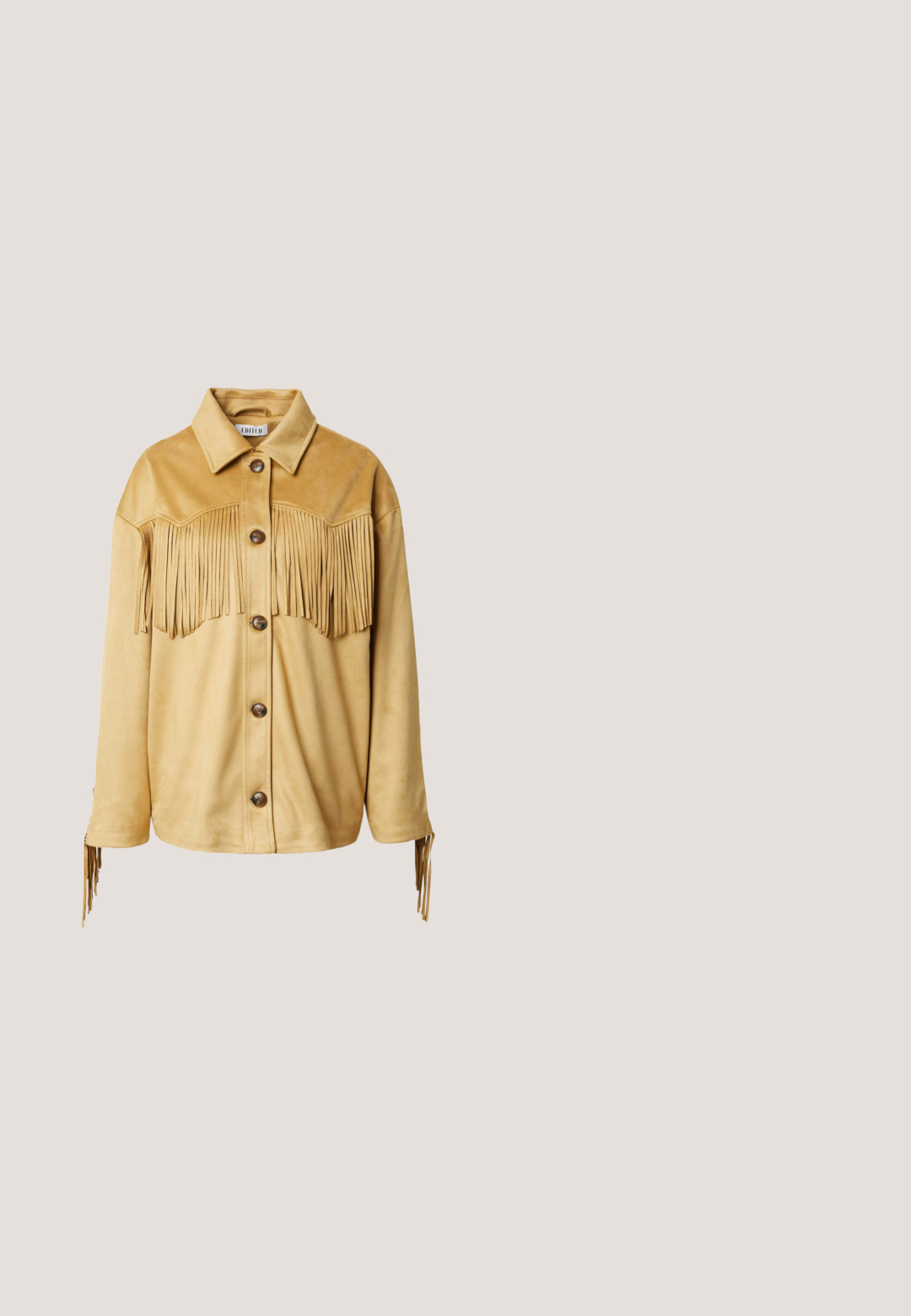 Tan suède jacket met franjes op de borst en mouwen, voorzien van een kraag en grote bruine knopen aan de voorkant.; Mouwloos bruin geribbeld T-shirt met ronde hals en aangesloten naden langs de zijkanten.; Bruine op maat gemaakte shorts met een vlakke voorkant, plooien en zijzakken. Gemaakt van een lichte stof, met een relaxte pasvorm en afgebiesde randen.; Bruine suède kniehoge laarzen met gelaagde franjes. Ver ronde neus en een lage houten hak. Geschikt, zacht materiaal met een uniforme kleur.; CHLOÉ Brillen met blauwlichtfilter - pink-pink-transparent; Beige leren schoudertas met een gestructureerde vorm, zachte textuur, brede band en accenten van goudkleurig metaal. Subtiele merkopdruk aan de voorkant.