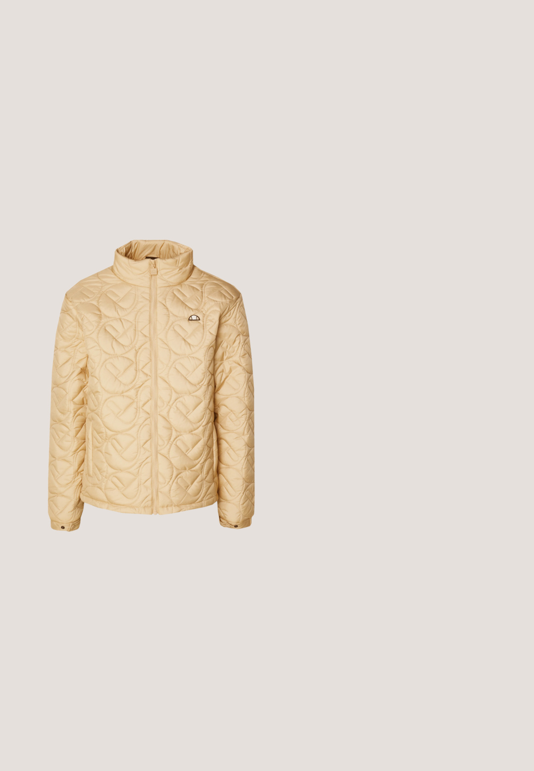 Chaqueta acolchada de color beige claro con cuello alto, cremallera completa y patrón circular. Presenta un pequeño logo en el pecho y puños de manga abotonados.; Sudadera verde claro de algodón, con cuello redondo, puños acanalados y un pequeño parche con logo en el lado izquierdo del pecho. Textura suave.; Camiseta de algodón verde con cuello redondo, mangas cortas y un bolsillo frontal con un parche de logo. Textura suave y ajuste relajado.; Pantalones de corte relajado en un suave tono verde claro, con una textura lisa, que incluyen bolsillos laterales y detalles de costura visibles. De largo completo con un diseño de pierna recta.; Zapatilla Nike Air Force 1 gris con el logo Swoosh blanco, flotando sobre una superficie de concreto texturizado y con unas escaleras de fondo.; Collar de cadena de plata con eslabones entrelazados, textura suave y forma rectangular uniforme. Detalle de cierre seguro.