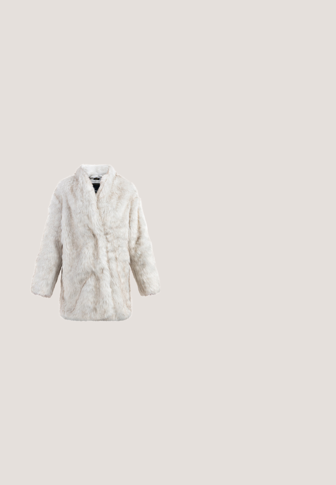 Hvid faux fur frakke med lange ærmer og åben front, vist mod en ensfarvet hvid baggrund.; Sort étuikjole med den ene skulder dækket, med rynkede detaljer, tætsiddende, knælang og med slidse i siden, lavet af blødt, strækbart materiale.; Sorte patenteret læder slingback pumpe, spids tå, høj stilettohæl, glat tekstur, minimalistisk design, åbne sideskæringer.; Store sorte kvadratiske solbriller med gradient lilla linser og guldkædedetalje på stængerne mod en hvid baggrund.; Sort quiltet læderclutch med guldfarvet metal kæde og stor guldfarvet "C" logo lukning på frontklappen.; Guldarmbånd med polerede ovale led, sikret med en lås og et lille mærke med initialerne "HR".