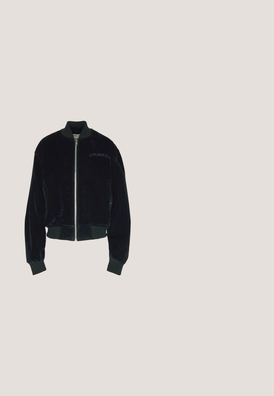 Sort velour bomberjakke med ribbede manchetter og kant, sølvfarvet frontlynlås og broderet "Fiorucci" logo på venstre bryst.; Sort kjole med V-hals, korte puffærmer og tætsiddende liv. Har et farverigt blomsterdesign i pink, orange og hvid.; Sort patentlæder Mary Jane sko med to spænder og en lav blokhæle, vist i sidelayout på en hvid baggrund.; Sorte Tom Ford solbriller med overdimensionerede firkantede linser, gradient tone og guldfarvede logo-accenter på stængerne. Mat finish, elegant design.; Sort håndtaske med mønster af røde læber, dobbelte håndtag, guldbelagt logo og lynlåslukning. Glat tekstur med struktureret form.; Perleformet vedhæng lavet af hvid perle, med et guld kirsebærdesign der har lyserøde sten-accenter og en guld lås.