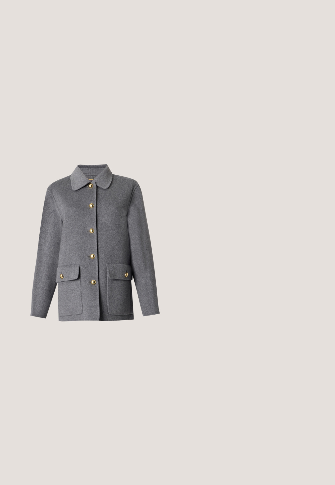 Grijs wollen jasje met kraag, vijf gouden knopen aan de voorkant en twee voorzakken met knoopkleppen.; Zachte roze gebreide mouwloze vest met ronde hals en twee striksluitingen aan de voorkant, geribde zoom en BOSS merklabel binnenin de kraag.; Witte blouse met lange mouwen, dunne verticale zwarte strepen en een borstzak aan de voorkant.; Lichtgrijze wijdvallende sweatpants van zachte stof, met aan elke kant drie witte strepen en een elastische tailleband.; Zwarte leren instappers met een ronde neus, verhoogde stiksel details en een lage gestapelde hak. Gladde textuur met een subtiele glans.; Zwarte leren handtas met een gestructureerd ontwerp, voorzien van een bovenhandgreep en een kleine gouden sieraccent aan de voorkant.