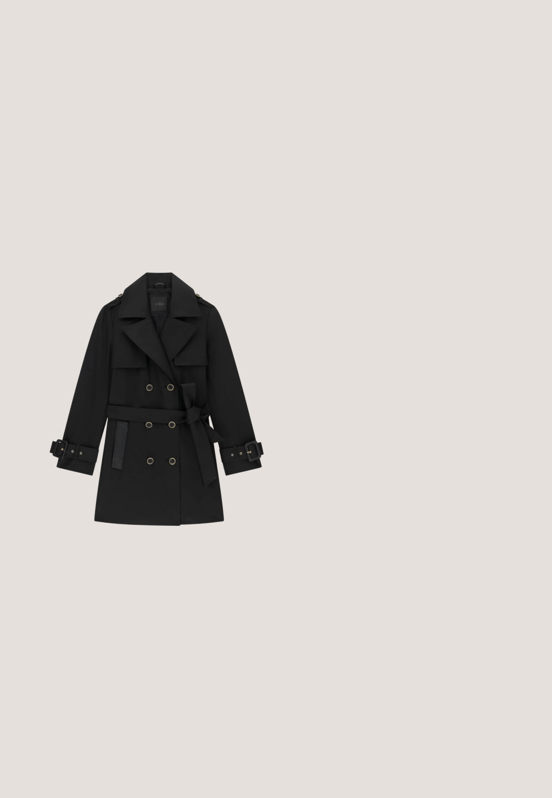 Zwarte dubbelgeknoopte trenchcoat met brede revers, tailleband en manchetten, en zijzakken, platgelegd op een witte achtergrond.; Zwarte geribbelde jurk met lange mouwen, met een aangesloten lijfje, V-vormige halslijn en gouden accentknopen op de borst.; Zwarte gepatineerde leren slingback pumps met een spitse neus, slanke stilettohak en decoratieve versiering op de voorkant.; Zwarte oversized vierkante zonnebril met een verloopkleurige bruine lenzen en gouden "LIU·JO" branding op de bogen, tentoongesteld op een witte ondergrond.; Zwarte neplederen handtas met goudkleurige hardware, rechthoekige vorm, verstelbare schouderband en een klapslot aan de voorkant met het merklogo.; Guess PARTY - Oorbellen - gold-coloured