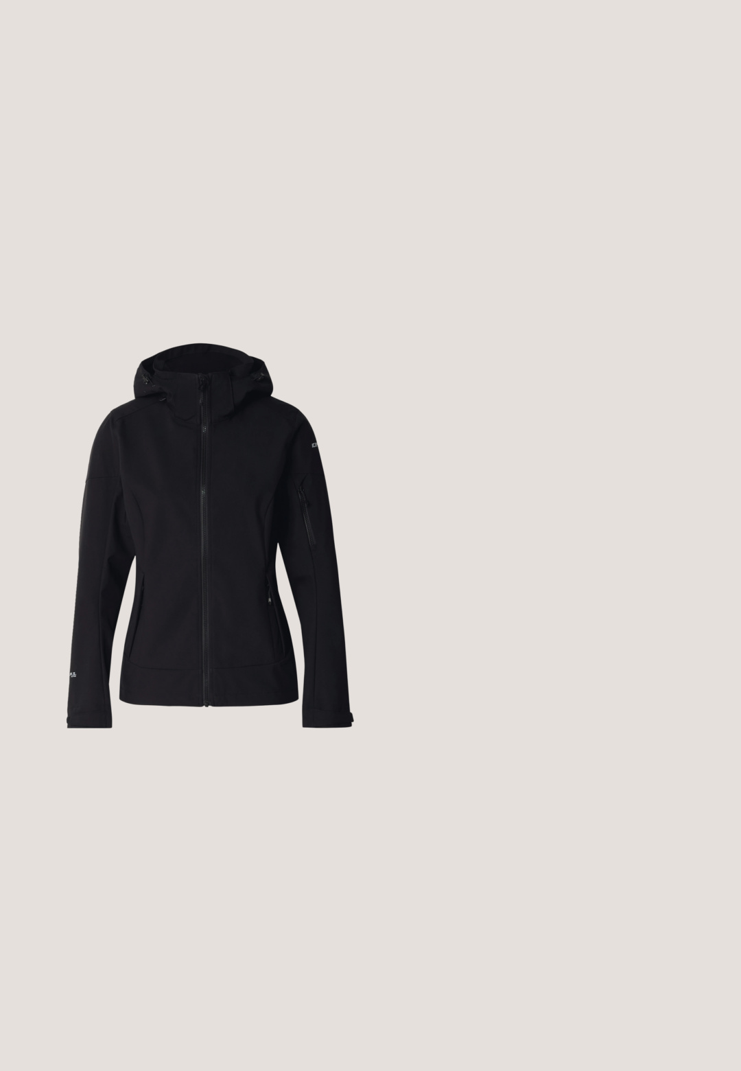 Veste softshell noire à fermeture éclair avec capuche, manches longues, poches zippées sur les côtés et les manches, présentée sur un fond clair uni.; Chemise à manches longues vert clair avec un col haut, présentant des accents gris et un tissu texturé. Petit logo sur la poitrine.; Cuissard de cyclisme noir avec siège rembourré et larges bretelles, taille petite, présenté sur un fond gris clair.; Des ballerines noires en suède, avec une semelle en caoutchouc et des lacets entrecroisés. Présentant un bout rond et une accent latéral texturé.; Lunettes de soleil à monture noire avec des verres octogonaux bleu foncé et des branches fines reposant sur une surface claire.; Moufles isolées à carreaux noirs et bleus avec des poignets élastiques, fermeture à cordon et une texture extérieure lisse. Doublées pour plus de chaleur.