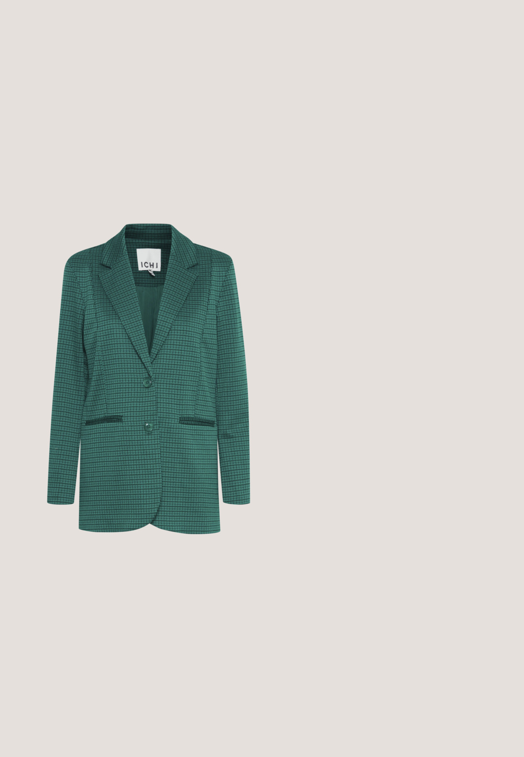 Blazer de cuadros verdes con solapa con muesca, dos botones y bolsillos frontales. Tejido liso con una textura sutil y corte entallado.; Top sin mangas de cuello alto hecho de tela acanalada en verde oscuro. Tiene un cuello alto, textura suave y un diseño ajustado.; Pantalones a rayas en verde y azul marino con un diseño de pierna recta y una cintura elástica. La tela tiene una textura suave y presenta un clásico patrón de cuadros.; Pepe Jeans Zapatillas - forest green; Bolso bandolera de cuero verde texturizado con cierre de cremallera y correa ajustable, con detalles del logo en plata en el frente.; Pendientes de aro de oro con dos franjas de turquesa. Superficie lisa y reflectante con forma redondeada y cierre trasero seguro.