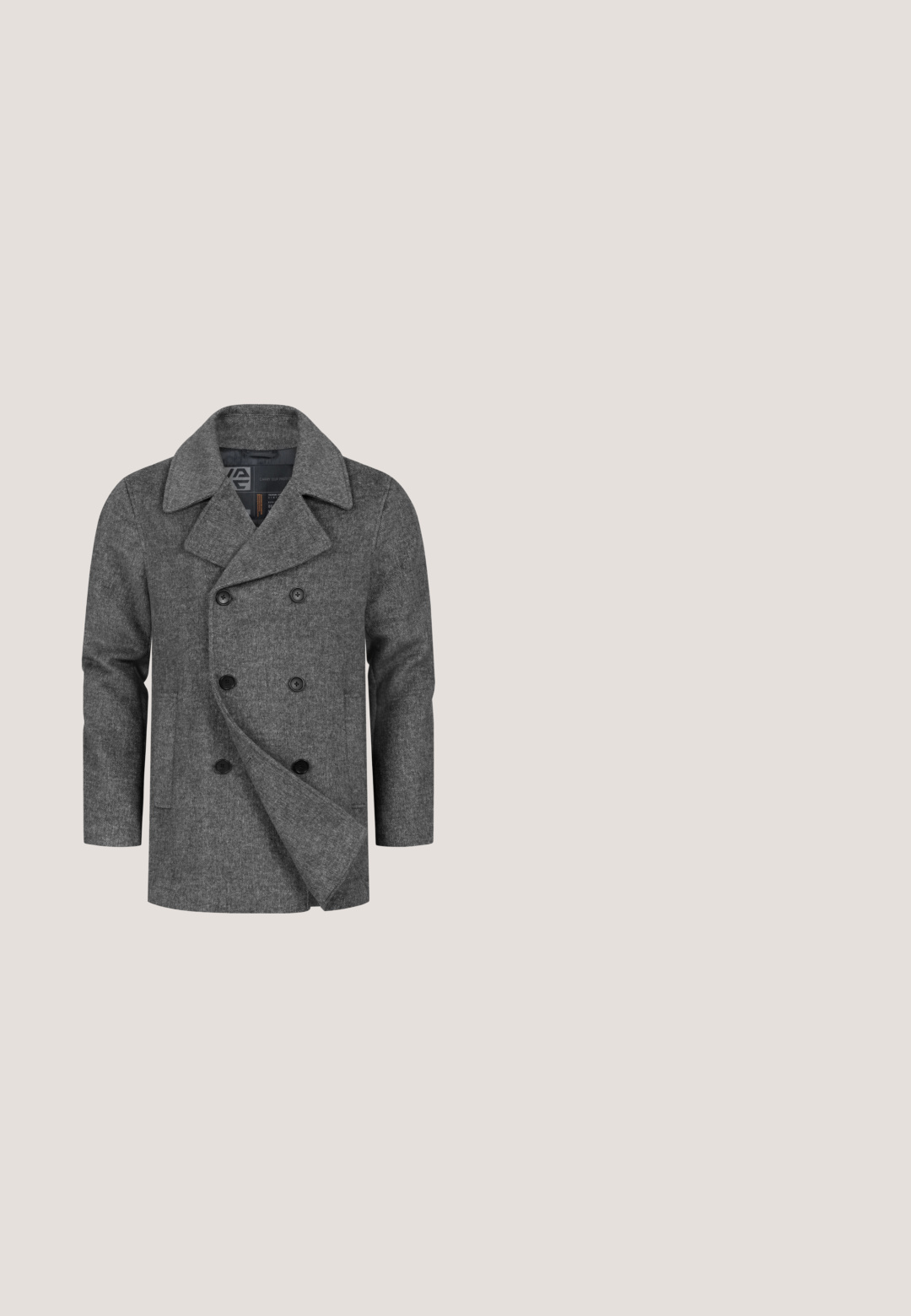 Grå uld peacoat med dobbeltradet design, store reverser og sorte knapper. Har et struktureret stof og sidelommer.; Grå strikket sweater med et kabelstrikket mønster, rund hals og ribbede manchetter og kant. Glat tekstur, standard pasform.; Lys blå skjorte med knapper og lodrette hvide striber, krave, enkelt brystlomme og mulighed for opbrettede ærmer. 100% bomuldsstof.; Grå ternede bukser med slim fit, der har en knaplukning, bæltestropper og en glat tekstur. Fremtrædende ternet mønster over det hele.; Sort ruskind Chelsea-støvle med elastiske sidepaneler, rund tå, subtil tekstur og hæklenke. Flad gummisål.; Sort læder messenger-taske med en stor klap, to frontspænder, en håndtag på toppen og en justerbar skulderrem. Glat tekstur.