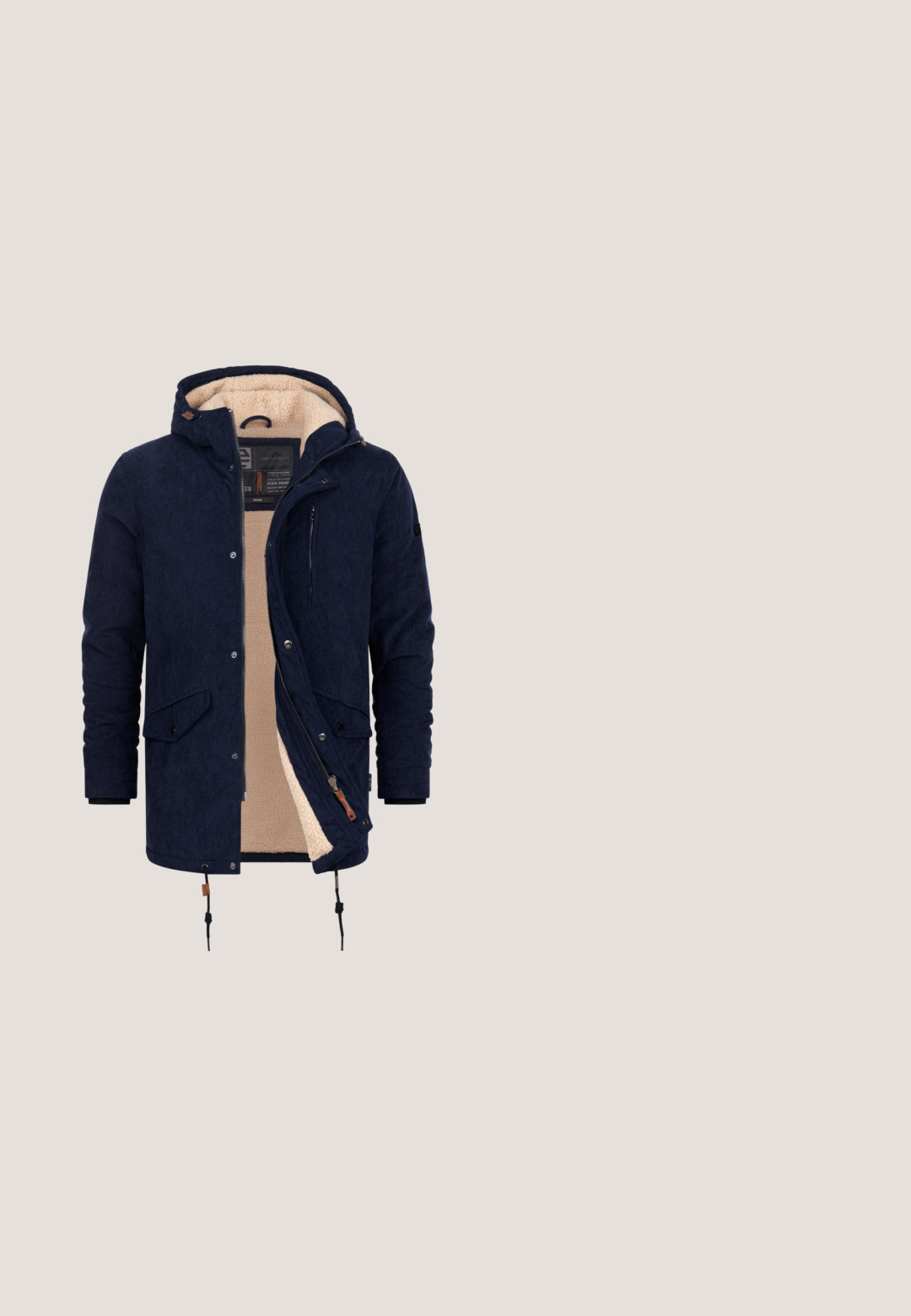 Marineblå kordfløjljakke med en blød beige foring, lynlås og trykknaplukninger, justerbar snor i bunden og flere frontlommer.; Mørkeblå zip-neck sweater med ribbede manchetter og kant, med et stribet mønster i orange, hvid og brun ved manchetterne.; Langærmet flannelsskjorte i blå, sort og beige tern med knapper foran og to brystlommer med klapper.; Herre blå denim jeans med lige pasform, fem lommer, let falmning og standard knap- og lynlås lukning.; Lloyd Vinterstøvler - braun; Brun faux læder crossover taske med en tekstureret overflade, der har en frontlomme med lynlås og en justerbar skulderrem.