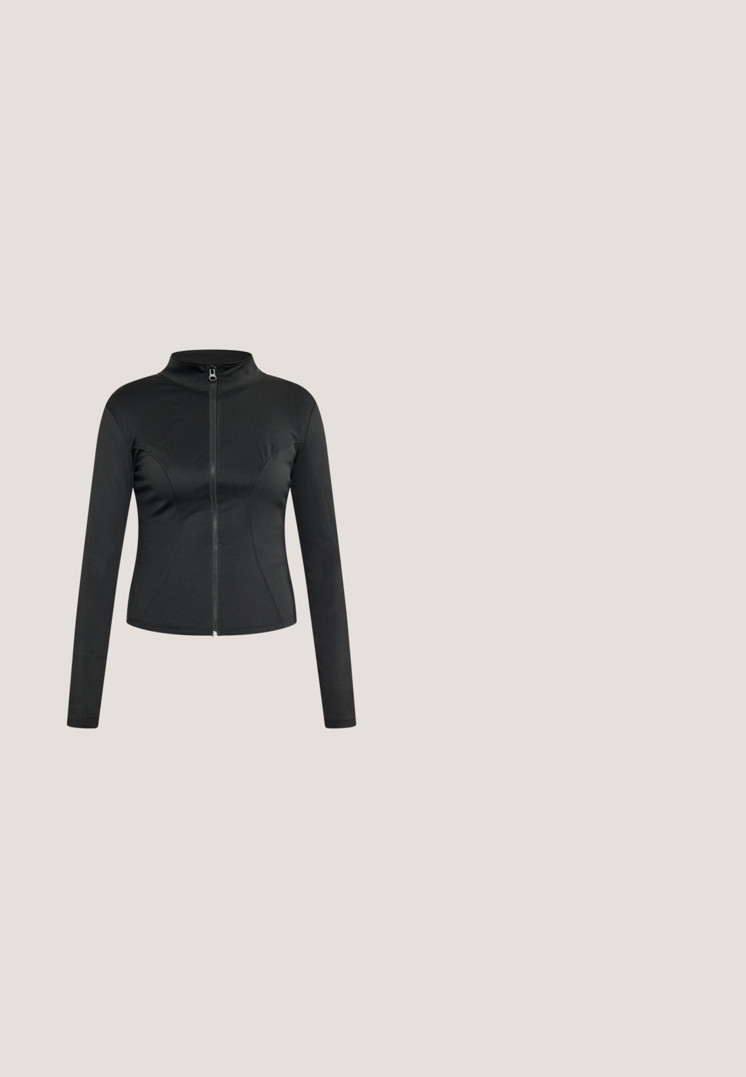 Veste noire ajustée à manches longues, col montant et fermeture éclair sur le devant, conçue avec des coutures discrètes à l'avant et à l'arrière.; T-shirt noir à manches longues en coton, avec un symbole Om de couleur cuivrée imprimé sur le devant. Texture douce, design col rond.; Leggings noires évasées en tissu extensible, dotées d'une taille haute et d'une texture lisse, conçues pour le confort et la mobilité.; Chaussure noire sans lacets avec semelle épaisse rainurée, dessus texturé et bordure blanche à motifs autour de l'ouverture basse.; Lunettes de soleil en plastique noir au design épuré et incurvé, avec des lentilles polarisées sombres. Elles présentent des bords lisses et aucun détail matériel visible.; Sac de voyage noir matelassé avec deux petites poignées et une bandoulière réglable sur fond blanc.