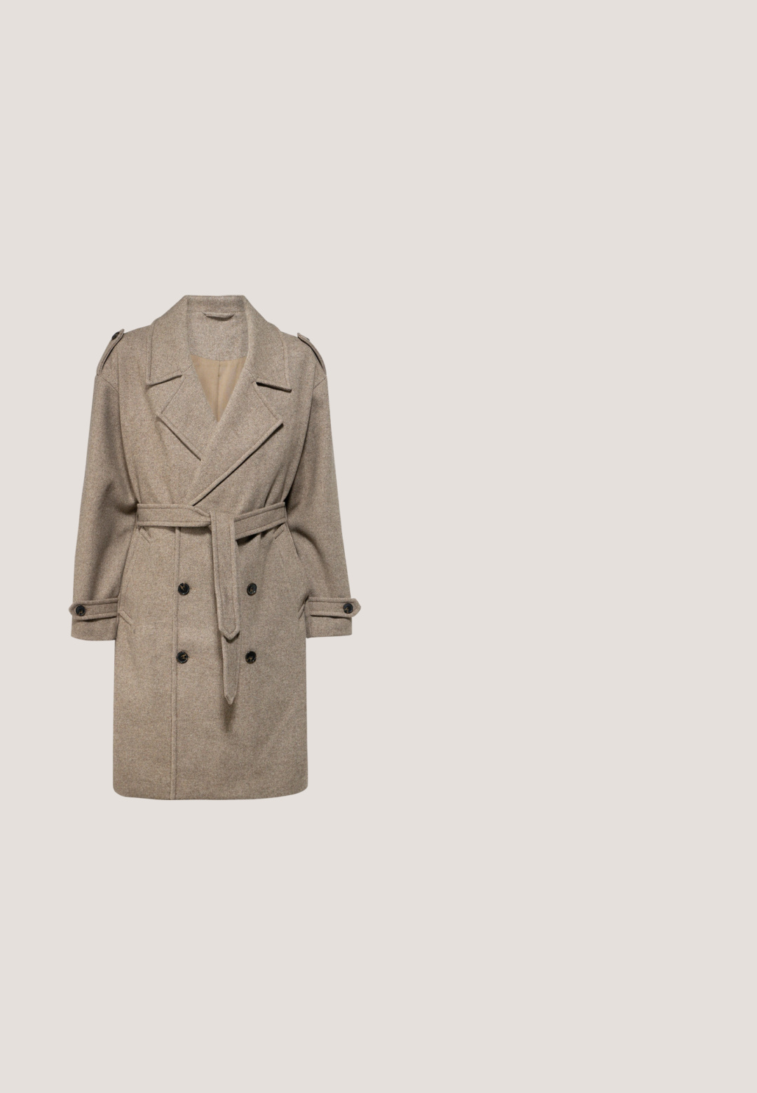 Jack & Jones PREMIUM JORNOHO COAT - Abrigo clásico - pale khaki melange; Suéter de cuello alto color crema con un patrón de punto texturizado, que presenta mangas largas y puños y dobladillo acanalados.; Camisa negra de manga larga con botones, confeccionada en una tela suave. Cuenta con un cuello clásico, tapeta frontal y un pequeño logo en el pecho.; Vaqueros de mezclilla azul claro con diseño de pierna recta, estilo de cinco bolsillos y cierre de botones. Presentan un desgaste mínimo y detalles de costuras.; Mocasín de charol negro con tacón bajo de bloque y una banda elástica ancha sobre la parte superior, visto de lado sobre fondo blanco.; Guantes de poliéster negros con textura suave, dedos ajustados y puño doblado para un ajuste seguro. Punta de los dedos compatible con pantallas táctiles.