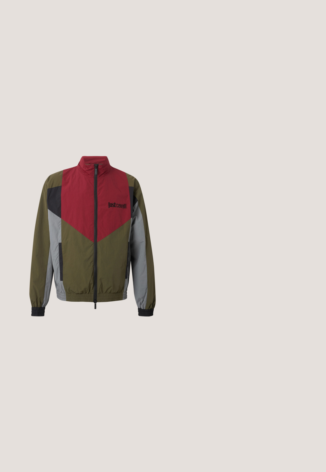 Men's zip-up windbreaker jacket in olive green, red, gray, and black with "Just Cavalli" logo on the chest and elastic cuffs.; Black sweatshirt with red and white Peanuts design showing Snoopy and Woodstock on doghouse, text "Peanuts Social Club Hanging Around Since 1950."; White T-shirt with graphic of a plate with oysters, a wristwatch, sunglasses, and a small calendar on the front center.; Black and dark gray athletic shorts with red piping, elastic waistband with drawstring, side pockets, and red cursive text on the right leg.; Black waterproof rubber boot with an adjustable buckle, textured surface, slightly curved shape, and a rugged sole for traction.; Olive green textured leather waist bag with black logos, silver zipper, dual zipper pulls, and central silver brand plaque.