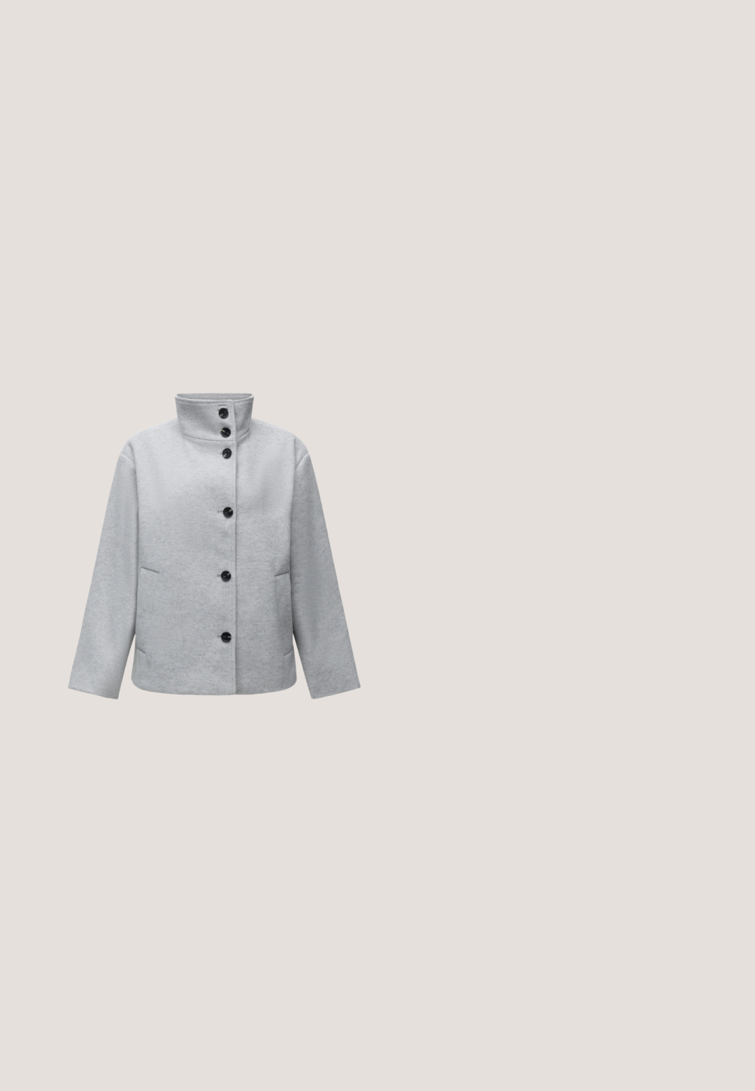 Veste en laine gris clair avec six boutons noirs, col montant, manches longues et deux poches latérales.; Pull gris avec un col rond, des manches longues et une chemise à col blanc en dessous. Décoré de accents perlés dispersés. Texture douce.; Pantalons larges côtelés gris clair avec une taille haute et une fente avant. Fabriqués en tissu doux avec une texture lisse.; Chaussure plate noire avec design plissé à l'avant et un nœud noué sur le dessus, petit talon, et texture lisse sur un fond gris clair.; Sac à main en cuir noir avec bords arrondis, rabat asymétrique, fermoir circulaire en métal, et des bandoulières courtes et longues.; Boucles d'oreilles en métal argenté avec un design ondulé et sculptural, présentant une finition polie et des formes irrégulières, mettant en valeur une esthétique contemporaine.