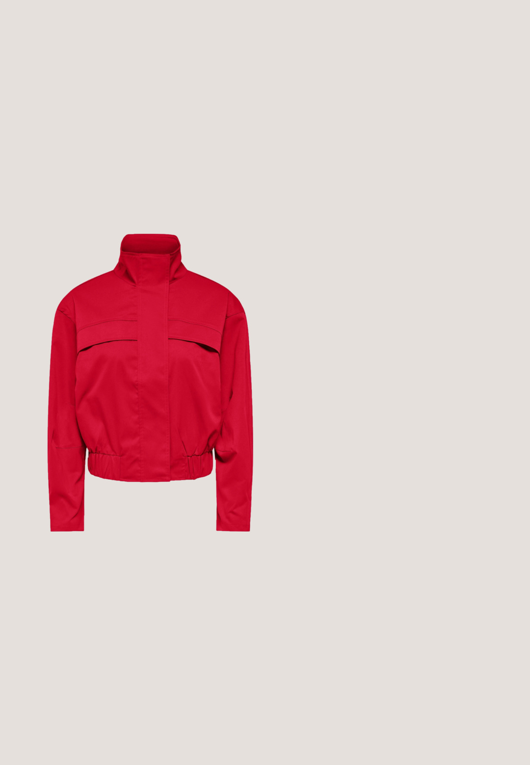 Veste rouge à col montant et manches longues avec ourlet élastique et fermeture avant couverte, présentée sur fond blanc.; Haut en tricot à manches courtes à rayures horizontales rouges et rose clair, avec un col rond et une silhouette ajustée.; Jupe longue et droite rouge vif avec une ceinture élastique et une texture de tissu lisse, présentée sur fond blanc.; Baskets basses rouges avec lacets blancs, deux bandes roses brillantes sur le côté, languette de talon rose et semelle en caoutchouc marron.; Sac à main en cuir rouge à texture crocodile, avec double poignée, ferrures dorées et logo "Lancaster Paris" sur le devant.; Deux objets brillants en forme de cœur rouge placés côte à côte sur un fond blanc uni.