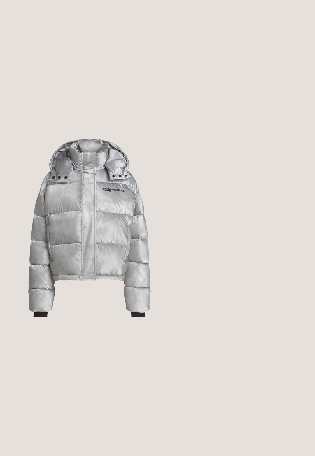 Striebornošedá prešívaná bunda s kapucňou, predným zipsom a patentkami, bočnými vreckami, čiernymi manžetami a logom "KARL LAGERFELD JEANS" na hrudi.; Svetlofialové tričko s krátkym rukávom, okrúhlym výstrihom a razeným logom Calvin Klein v strede na prednej strane.; Svetlomodré džíny s uvoľneným strihom, vysokým pásom a dizajnom s piatimi vreckami. Obsahujú švy a zapínanie na gombíky.; Strieborno-šedá teniska so šnúrkami vznášajúca sa nad vzorovanou drevenou a kamennou podlahou, s rastlinami a betónovou stenou v pozadí.; Metalická strieborná kabelka s obdĺžnikovým tvarom, vrchným zipsom a prednou kapsou. Obsahuje krátku rúčku a nastaviteľný popruh. Textúrovaný povrch.; Strieborné kruhové náušnice s lesklým povrchom a značkou DKNY, vystavené na rovnom bielom pozadí.