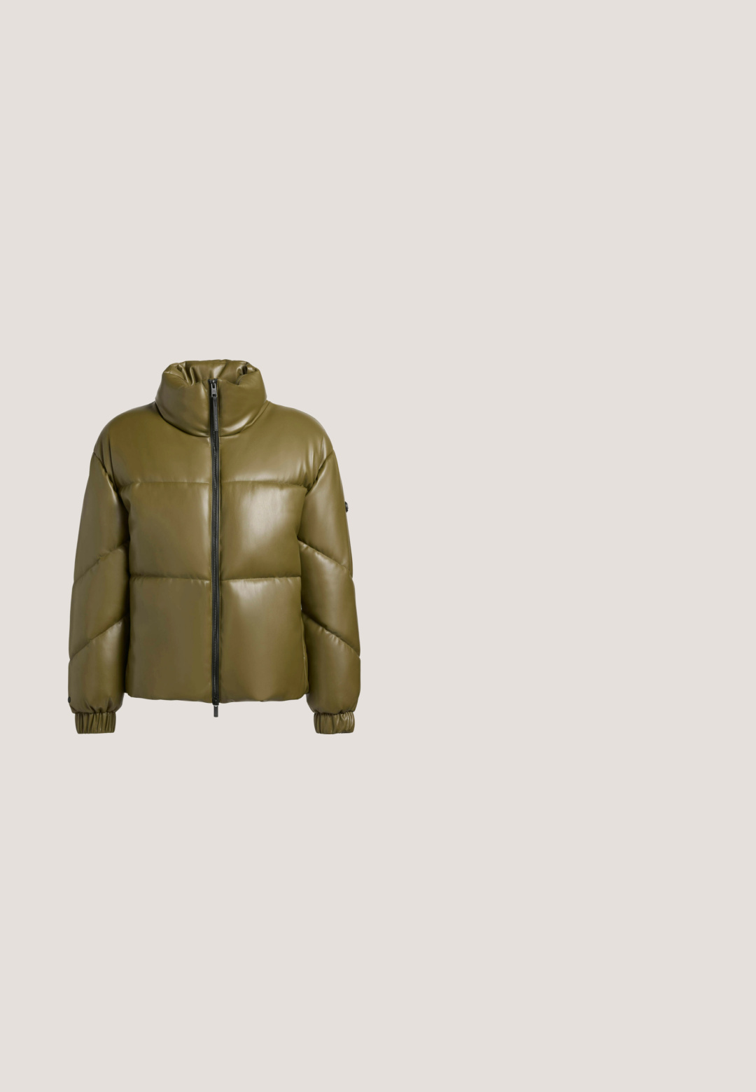 Olijfgroene pufferjack gemaakt van glanzend materiaal, met een hoge kraag, ritssluiting aan de voorkant en elastische manchetten met een gestikt ontwerp.; Groene velours rits-hoodie met een voorzak, gouden rits en logo-detail. Heeft een capuchon en geribbelde manchetten. Zachte textuur.; Olijfgroen shirt met lange mouwen, witte dubbele strepen op de mouwen, witte kraag en het logo "ARENA 2026 RÉSUMÉ" op de borst.; Olijfgroene, wijde broekspijpen gemaakt van zacht fluweel. Voorzien van een elastische tailleband met trekkoord, twee zijzakken en een subtiel logo.; Zwarte en groene sneaker met een mix van glanzende en matte texturen, voorzien van een slangenhuidpatroon, een grijze zool en subtiele hardware accenten.; Schoudertas met camouflagepatroon in tinten groen, gemaakt van zachte, gestructureerde stof met een geraffineerde hengsel en ritsclosure.