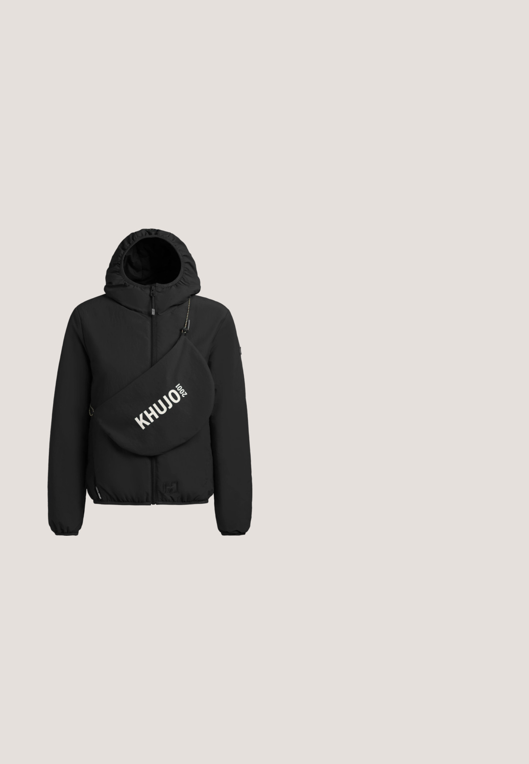 Sort hættejakke med frontlynlås og overkropspose med hvidt "KHUJO 2001"-tryk.; Sort cropped hoodie lavet af blødt stof, med snøre i hætten, ribbet bund og hvidt broderet logo "KARL KANI EST. 1989."; Sort ribbet ærmeløs crop top med rund halsudskæring og buet kant. Har tonede sømme og et lille indre label.; Sorte højtaljede atletikshorts lavet af glat, strækbart materiale. Har glatte sømme og et tætsiddende design, ideelt til træningstøj.; Sorte høj-top sneakers lavet af syntetisk materiale med en hvid sål, rund tå og et logo på siden. Strukturerede detaljer på overdelen.; Sort blød skuldertaske i stof med polstret håndtag og lynlåslukning, med et diskret brandlogo foran.