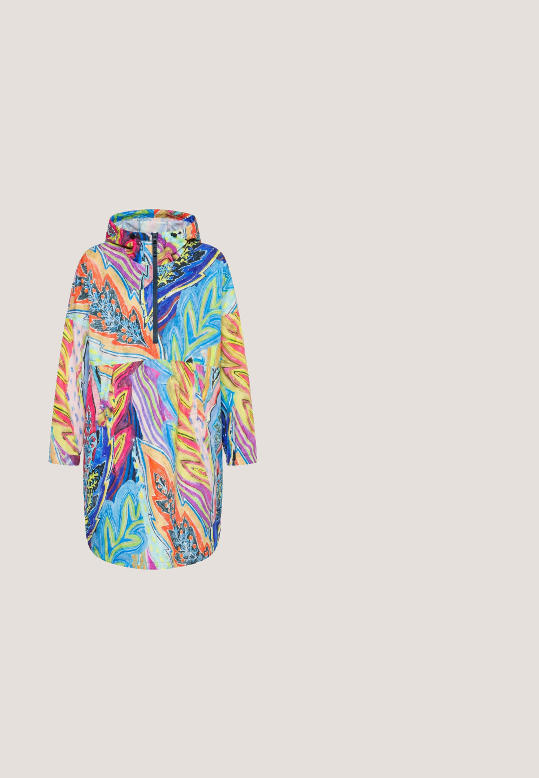 Bunte Kapuzenjacke mit abstrakten, blattähnlichen Mustern in leuchtendem Blau, Orange, Pink, Gelb und Lila, mit einem Frontreißverschluss und langen Ärmeln.; Schwarzes, einärmeliges, kurzes Oberteil bedeckt mit mehrfarbigen, glänzenden Pailletten mit figurbetonter Silhouette.; Schwarzer und silberner strukturierten Stoff mit schimmerndem Finish, der glatte, fließende Wellen und einen subtilen Glanz aufweist.; Buffalo KILLAH SOCK BOOT - Plateaustiefel - black; Strukturierte Handtasche mit einem mehrfarbigen, geflockten Design in Blau-, Grün-, Bordeaux- und Weißtönen, in Hobo-Form mit breitem Griff.; Halskette als Choker mit kleinen, runden, mehrfarbigen Perlen und goldenen Abstandperlen, befestigt mit einem goldenen Verschluss und verstellbarer Kette.