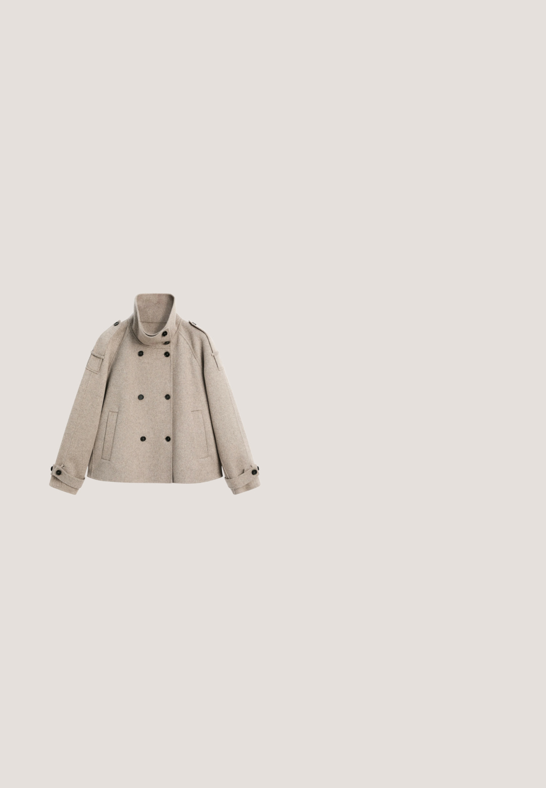 Manteau beige en laine à double boutonnage avec col montant, boutons noirs, manches longues avec poignets, poches avant et pattes d'épaule.; Pull beige en maille à manches longues avec col rond et trois boutons décoratifs argentés sur la patte de boutonnage avant.; Pantalon large à jambes larges en tartan beige avec plis, doté d'une ceinture structurée et d'une coupe ample, confectionné dans un tissu texturé.; Botte haute en daim beige avec un design décontracté, un bout arrondi et un talon en bois massif. Texture lisse avec des détails de couture minimaux.; Lunettes rectangulaires écaille avec monture large et verres transparents sur fond blanc, branches inclinées vers l'arrière.; Sac à main en cuir suédé marron avec une forme structurée, deux poignées supérieures et un accent en fermoir doré. Texture lisse et design minimaliste.