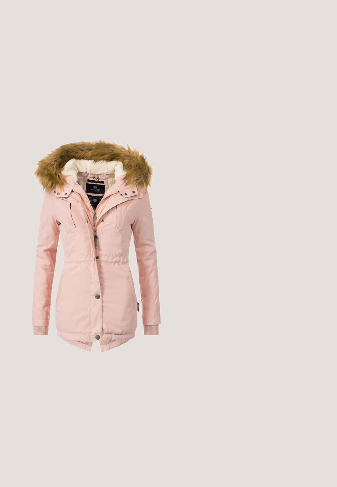 Roze winterjas met een bontvoering in de capuchon, rits en drukknopen, en zijzakken. Heeft een getailleerde taille voor een perfecte pasvorm.; Gebreide coltrui in zacht perzik met een gestructureerd kabelpatroon, lange mouwen en een geweven merklabel aan de zoom.; Lichtroze langemouw t-shirt van zacht materiaal met een ronde halslijn en een klein bloemenmotief op de linkerkant van de borst.; High-waisted blauwe skinny jeans met gouden knopen aan de voorkant en op de heupen, gemaakt van lichtgewassen denimstof.; Crickit CHELSEA  TEA - Enkelkaarsjes - beige; Lichtroze rechthoekige schoudertas met twee voorvakken met rits, zijvakken en een verstelbare riem met metalen oogjes.