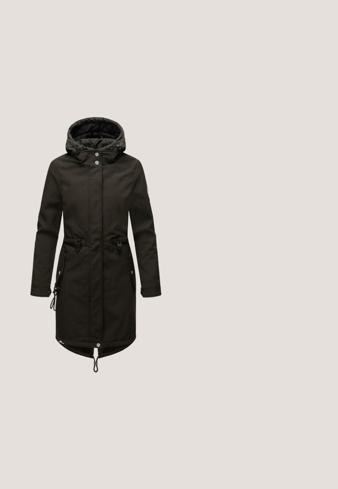 Sort isoleret parka med hætte, snore i taljen og ved kanten, trykknapper og sidelommer. Glat tekstur og praktisk design.; Sort strikket cardigan med lange ærmer, ribstrikkede manchetter og kant, V-hals og fire knapper foran.; Enkel lysegrå T-shirt med korte ærmer og rund hals, vist fladt mod en hvid baggrund.; Sorte lige ben jeans med frontknap, bæltestropper og fem lommer, vist fladt på en hvid baggrund.; Sort lædersneakers med hvid sål og gyldne snørehuller svævende over et trægulv udendørs nær en sløret grøn plante.; Pepe Jeans AUDREY LIMITED - Håndtasker - black