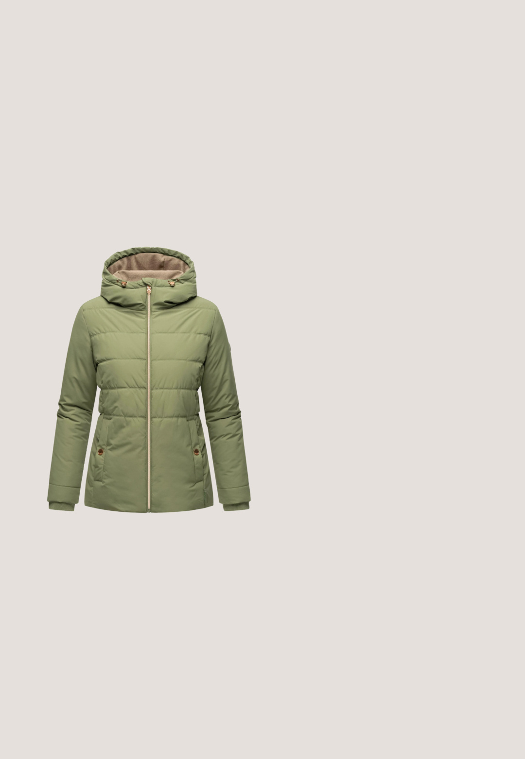 Paksu vihreä takki hupparilla, jossa on vetoketjullinen etuosa, kaksi sivutaskua ja pehmeä beige vuori. Kulta sävyiset yksityiskohdat.; Pitkähihainen sammaleenvihreä ribbineulottu pusero pyöreällä pääntiellä Copenhagen Studiosilta, esillä valkoista taustaa vasten.; Musta, tiukasti istuva farkut, joissa on sileä pinta, standardi viisi-taskuinen muotoilu, edessä vetoketjukiinnitys ja nappikiinnitys. Ei näkyviä kuvioita tai yksityiskohtia.; Verkkarit, joissa on harmaan nahkan ja purppuran mokkanahan yhdistelmä, mintunvihreä kumipohja ja kermaiset nauhat. Sivussa näkyvä logo.; Musta nahkalaukku, jossa on kaksi etutaskua vetoketjulla, kaareva muotoilu ja teksturoitu vihreä hihna, jossa on herringbone-kuvio.; Hopeaketju hopeaa, jossa on pyöreä riipus, jossa on teksturoitu reuna ja pieni kukka-akseli. Säädettävä pituus, jossa on lukko.