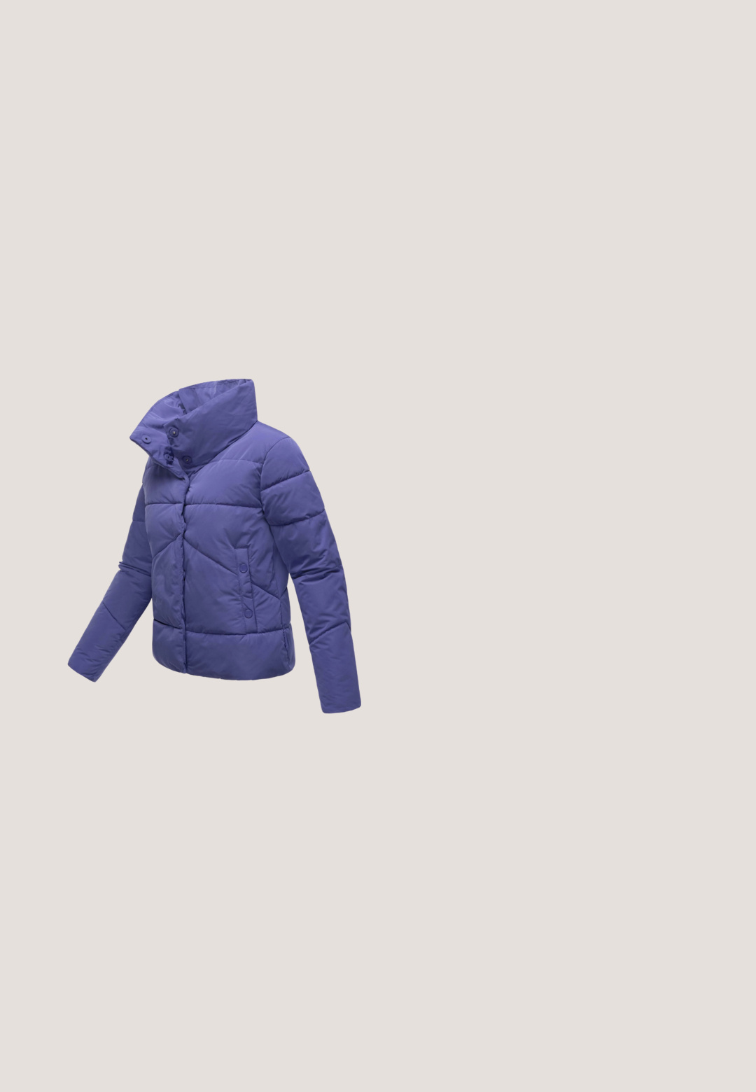 Lila Pufferjacke mit hohem Kragen, knöpfbaren Taschen und geometrischem Steppdesign. Aus leichtem, gepolstertem Material gefertigt.; Blauer gerippter Pullover mit langen Ärmeln, rundem Ausschnitt und einem weißen Akzentstreifen. Weiche Textur, cropped Länge und gerade Passform.; Hellblaues T-Shirt mit kurzen Ärmeln und einem kleinen aufgedruckten Grapefruit-Design sowie Text auf der oberen linken Brust.; Blaue Jeans im Flared-Stil mit mittelhoher Taille, ausgestattet mit Ziernähten, zwei vorderen Taschen und einer hinteren Paspeltasche.; Blaue Sneaker mit einem gemusterten Textiloberteil mit Zickzackdesign, einer weißen, klobigen Sohle und weißen Schnürsenkeln.; TOM TAILOR CAIA HOBO BAG MID ROSE - Handtasche - dark blue