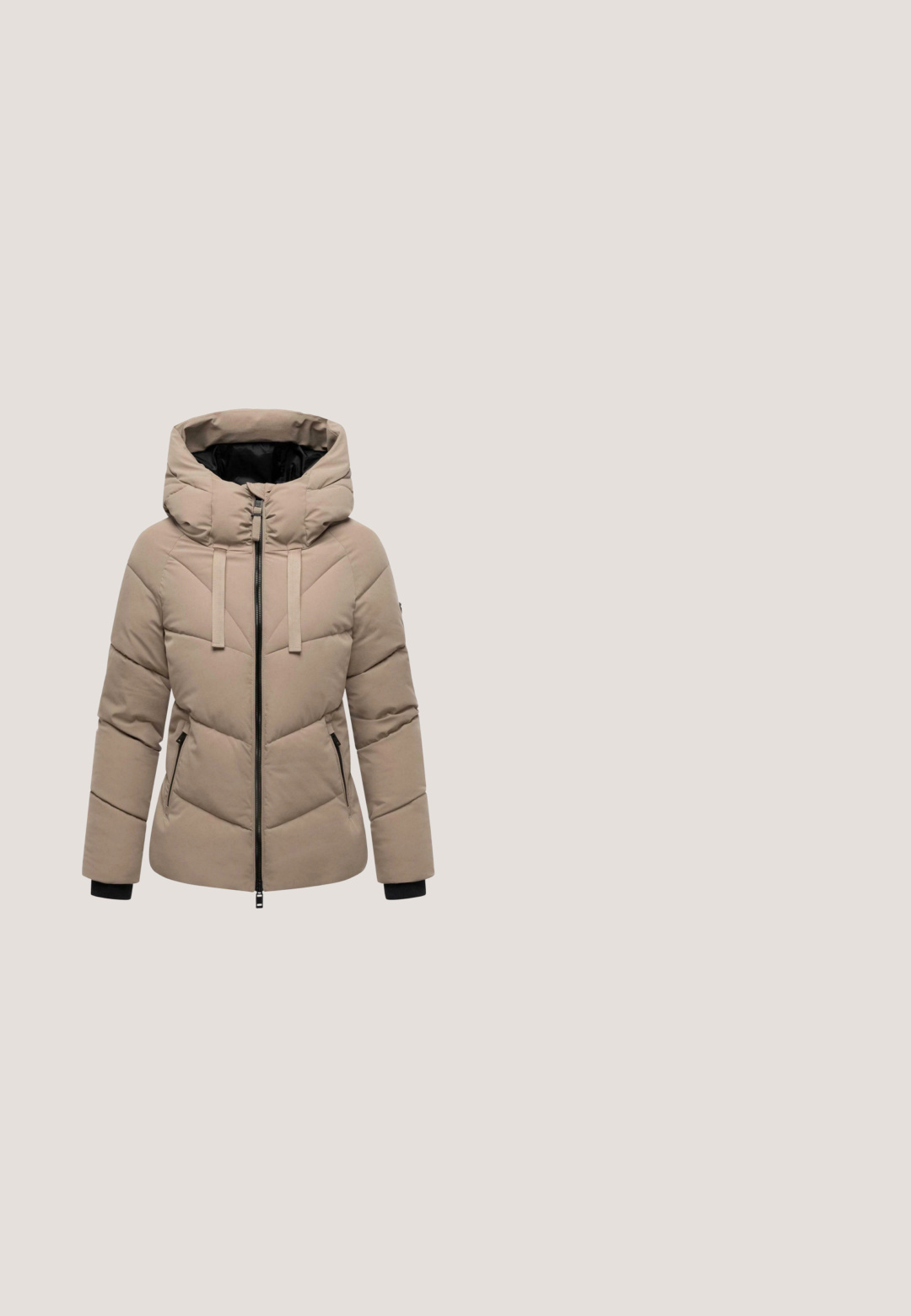 Beige Daunenjacke mit abnehmbarem Kapuzen, diagonalen Steppnähten, zwei seitlichen Taschen und schwarzen elastischen Bündchen. Front-Reißverschluss.; Beige Sweatshirt mit Reißverschluss, hohem Kragen, gerippten Bündchen und gerafftem Saum; mit einem dezenten, gestickten Logo auf der Brust.; Taupefarbenes, geripptes Langarm-Crop-Shirt mit Rundhalsausschnitt und weiß gesticktem „Kani“-Logo auf der Brustmitte.; Karl Kani SMALL SIGNATURE ESSENTIAL  - Jogginghose - taupe; Buffalo GALACTICA - Sneaker low - cream; Beige halbmondförmige Handtasche mit einem schwarzen und silbernen Perlenriemen und einem Reißverschluss oben, Pepe Jeans-Logo auf der Vorderseite geprägt.