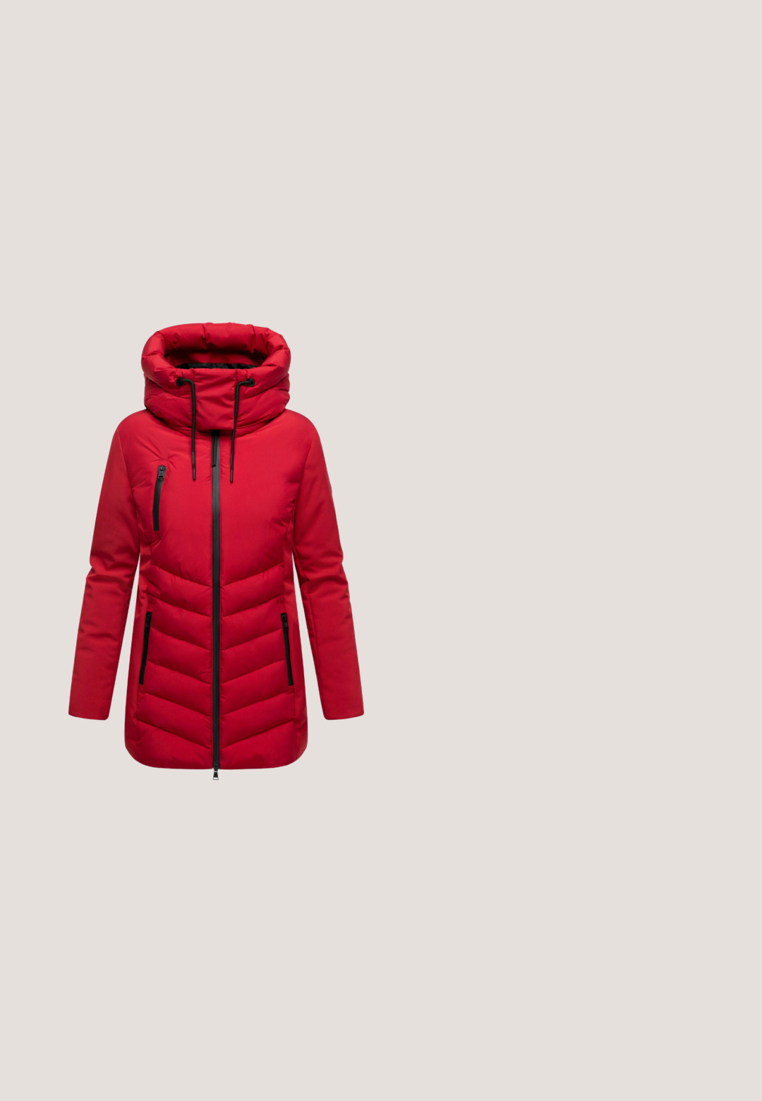 Rød polstret jakke med høj hals, der har en snoretrækshætte, chevron-syninger og to lynlåslommer i siden med sorte detaljer.; Sorte cropped sweatshirt med lange ærmer, ribbede manchetter og en tekstureret logo-detalje på brystet. Fremstillet af blødt, strækbart stof.; Langærmet skjorte i sort og rød stribede, rund halsudskæring, lavet af bomuldsstof, afslappet pasform, med en lige kant og sidesømmer.; Flare jeans i mørkeblå vask. Har et klassisk fem-lomme design, hardware i guldfarve og en lige talje med bælteløkker.; Pink og hvide New Balance 1000 sneakers svævende i luften over betontrapper med skygge synlig nedenunder.; Rød skuldertaske i læder med sølv lynlås, dekorativ rød fletbue med hjertevedhæng og lille rektangulært metallogo.