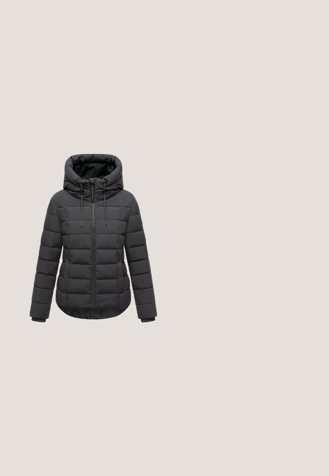 Schwarze gepolsterte Jacke mit hohem Kragen und Kapuze. Verfügt über einen Frontreißverschluss, horizontale Steppung und elastische Bündchen.; Hellgrauer Pullover mit langen Ärmeln und Rundhalsausschnitt, Rippenbündchen und Saum, einfarbiges Strickmuster, Markenlabel am Hals.; Schwarze weit geschnittene Jeans aus Denim, ausgestattet mit einem Knopfverschluss, Gürtelschlaufen und Fronttaschen mit dezenten Ausbleichungsdetails.; Palado OMYLIA - Cowboy-/Bikerstiefelette - braun; Graue Leder-Tote mit zwei langen Griffen, rechteckiger Form und strukturiertem Oberflächen. Verfügt über Nähdetails an den Seiten.; Silbernes Kettenarmband mit fünf gleichmäßig verteilten massiven Herzanhängern und einem verstellbaren Verschluss mit einem kleinen Blumenanhänger.