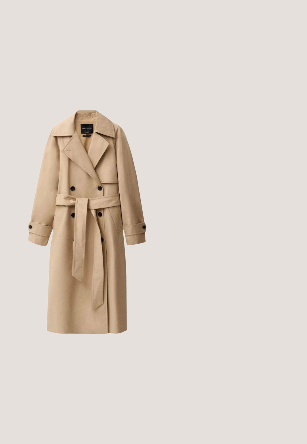 Beige trench coat valmistatud siledast kangast, topelt-nupuga esiosa, laiad kraed, vöödiga talje ja nööpidega mansetid.; Kermanvalkoinen pitkähihainen paita, jossa leveä pääntie ja liehuvat hihat. Sileä, kevyt kangas. Yksinkertainen, minimalistinen muotoilu ilman koristuksia.; Beige, vyötuet cropped-housut leveällä lahkeella ja etutaskuilla esitettynä valkoista taustaa vasten.; Ruskea mokkainen liukusisätossu, jossa on teräväkärkinen ja litteä pohja, esitetty sivulta valkoisella taustalla.; Kiristysnyörillä varustettu olkalaukku, jossa sinivalkoiset pystysuorat raidat, ruskea nahkapohja ja säädettävä olkahihna.; Stradivarius SET - Rannekoru - dark brown