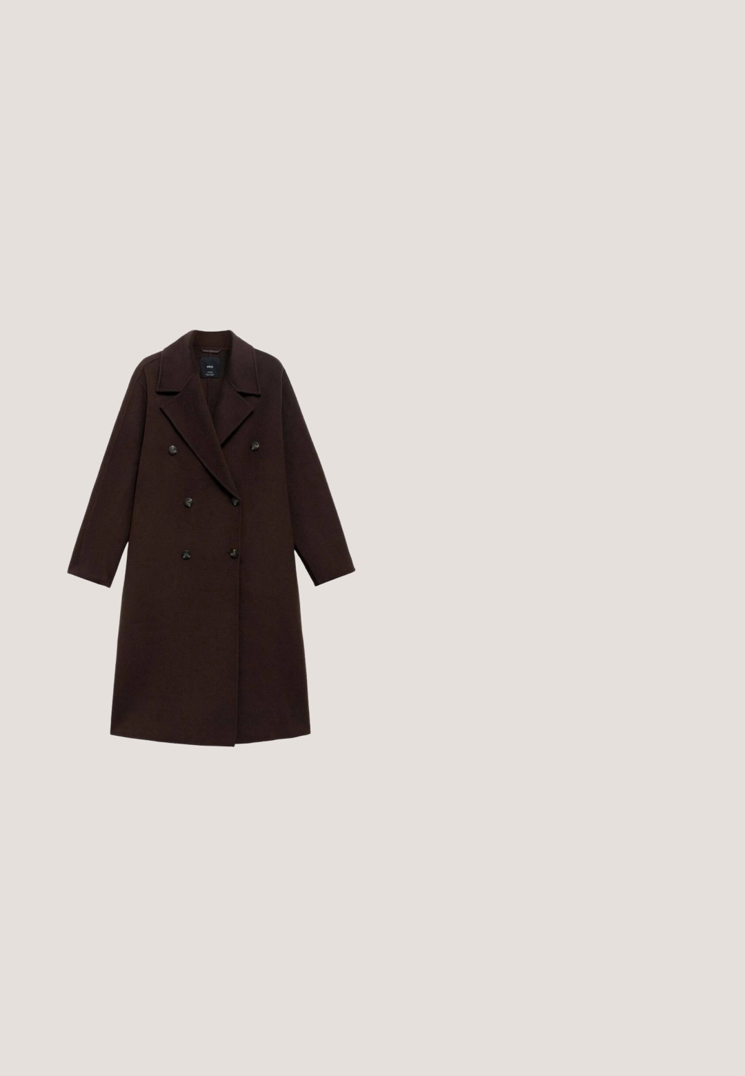 Brauner Wollmischmantel mit einem Doppelreiher-Design, großen Revers und sechs runden Knöpfen. Lange Ärmel mit geraden Säumen.; Braun gestricktes Kleid mit kurzen Ärmeln, einem runden Halsausschnitt und einer ausstellenden Silhouette. Strukturierter Stoff mit einem gerippten Muster.; NeroGiardini Stiefel - t di moro 300; Braune Schildkrötensonnenbrille mit quadratischem Gestell, verlaufenden rosa Gläsern und gebogenen Bügeln. Verfügt über eine glatte Kunststoffoberfläche und eine minimale Markenkennzeichnung.; Dunkelbraune Wildleder-Handtasche mit strukturiertem Design, ausgestattet mit Ledergriffen und einer goldenen Schnallenakzent auf einem passenden Ledertragegurt.; Goldkette-Armband mit ovalem Glieddesign und einem weißen Steinakzent in der Mitte. Enthält einen Verschluss mit Markenprägung.