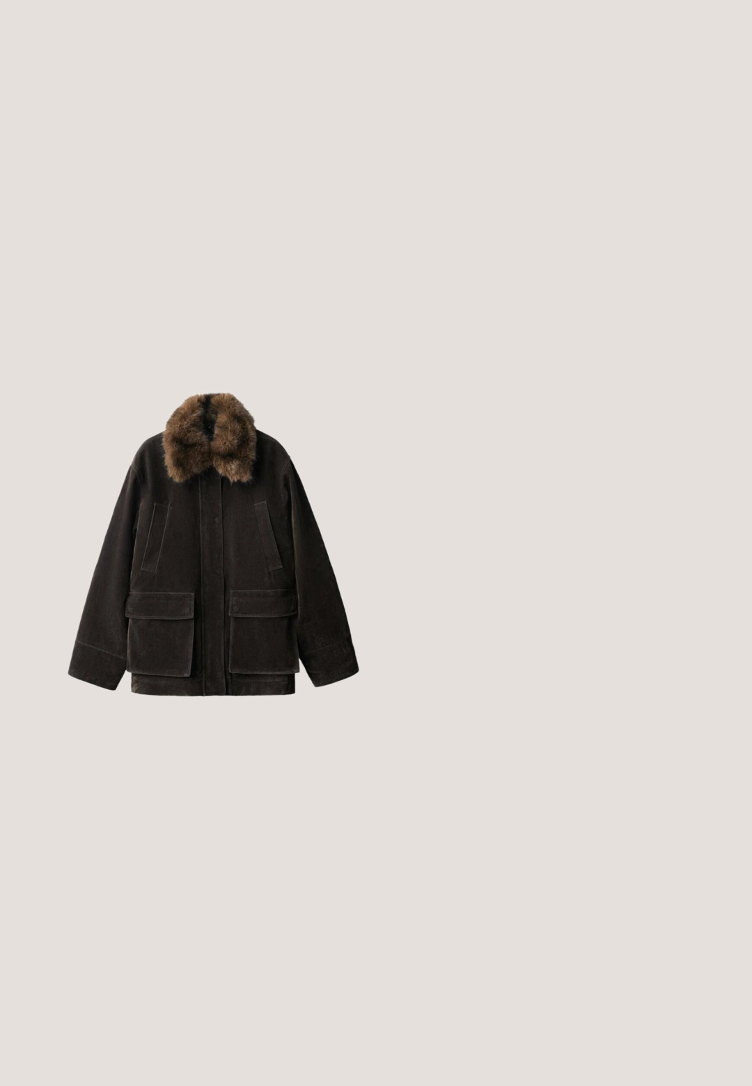 Bruine suede jas met een faux fur kraag, twee achterkantzakken en een relaxte pasvorm. Heeft een minimalistisch ontwerp en een stevige constructie.; Korte mouwen, ronde hals top van een pluizig, textuurrijk materiaal. Kleur is donkerbruin met subtiele variaties. Eenvoudig, recht gesneden ontwerp.; Lichtblauwe wijde jeans van denim, met een hoge taille, voorzakken en een rauwe zoom bij de enkels. Klassiek vijfzakkenontwerp.; Bruine suède enkellaarzen met elastische zijkanten, een versleten textuur en een gestapelde zwarte hak. Voorzien van een rits voor gemakkelijk aan- en uittrekken.; Zonnebril met een schildpadprint kunststof montuur, vierkante glazen en bruine getinte glazen. Gelijnd met kleine metalen studs op de zijkant.; Kleine donkerbruine suède schoudertas met een enkele band en een bovenste ritssluiting, met een leren banddetail aan de zijkant.