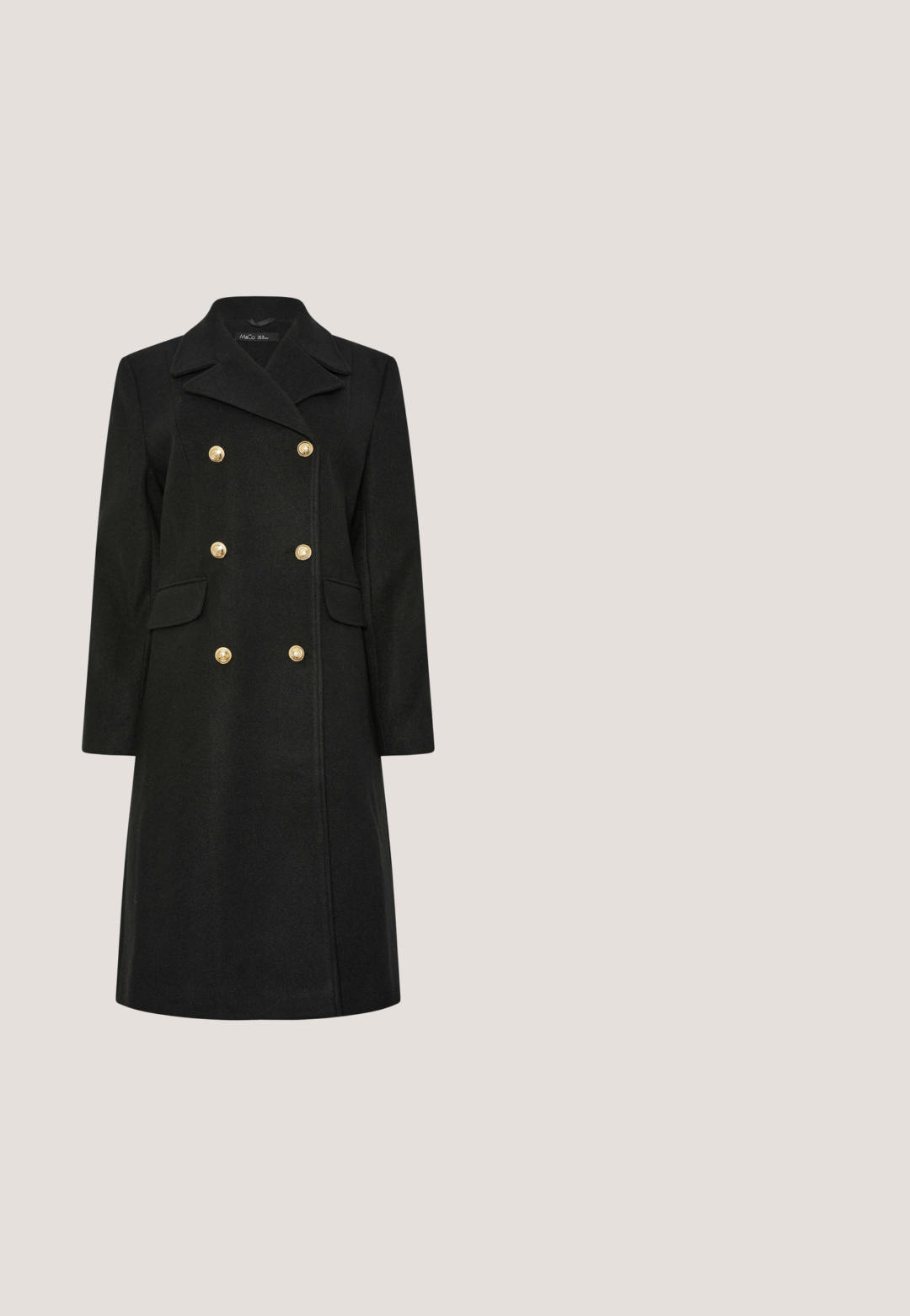 Sort uldfrakke med dobbeltbryst-design, gyldne knapper, skrå krave og sidelommer. Glat tekstur og knælang længde.; Sort langærmet kjole med rund udskæring, twist-detail ved taljen og en bundet accent. Lavet af et struktureret, glitrende stof.; Sort læderknæhøj støvle med spids tå, stilettohæl og en dekorativ ankelrem med en guldbeslag.; Rektangulære solbriller med stel i skildpadde og sort med mørke gradientlinser og et lille dekorativt logo på stangen.; Sort tekstureret læderhåndtaske med to håndtag og en aftagelig sort-hvid zebra-print pung fastgjort med en guldlås.; Guess Øreringe - goldenfarbe