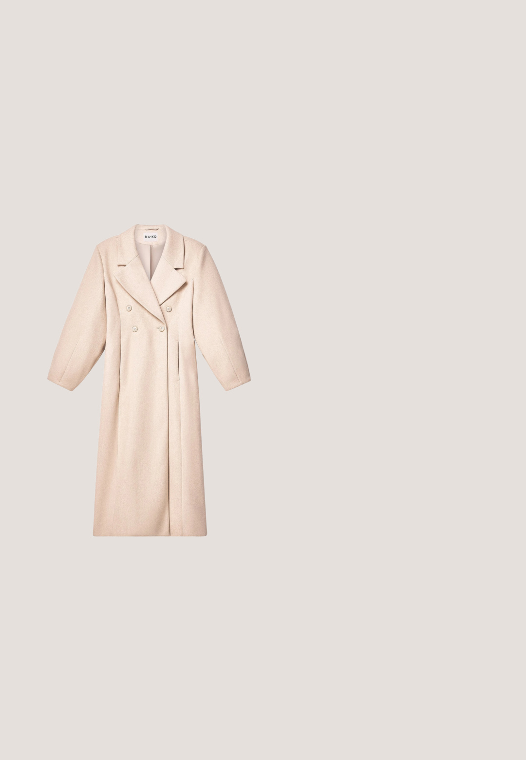 Beige dobbeltradet frakke med bred revers, oversize ærmer og knapper. Glat tekstur, knælangt design og lige skæring.; Mørkebrun, oversized turtleneck sweater. Ribbet krave og kant med en blød tekstur. Drop shoulder og afslappet pasform. Ingen mønstre eller accenter.; Brun fløjlsskjorte med krave, frontknapper og lange ærmer. Har et struktureret stof og en let oversized pasform.; Beige cargo bukser med elastisk talje, to sidelommer og mesh-detaljer; fremstillet af letvægts, tekstureret stof.; Brune læder ankelstøvler med ribbede elastiske paneler, chunky beige sål og trækstrop detalje; moderne design med en tekstureret overflade.; Brun ruskind skuldertaske med flettet kvastdetalje på frontklappen og justerbar skulderrem.