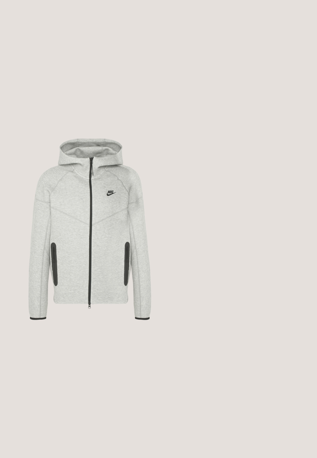 Harmaa huppari, jossa on vetoketju edessä, mustat yksityiskohdat ja huppu. Ominaisuuksiin kuuluu raglan-hihat ja kaksi sivutaskua vetoketjulla. Nike-logo näkyvissä.; Mustas zip-up-takki, jossa on kaulus, kaksi etutaskua, ribbireunat ja teksturoitu kangaspinta. Yksinkertainen ja moderni muotoilu.; Musta lyhythihainen urheilupaita pyöreällä kaula-au-kolla ja pienellä logolla vasemmassa rinnassa, esitetty yksinkertaisella vaalealla taustalla.; Mustat urheiluhousut, jotka on valmistettu teksturoidusta kankaasta. Housuissa on säädettävä vyötärö, vetoketjullinen sivutasku ja kapenevat hihnat.; Matala valkoinen lenkkari, jossa etunauhakiristys ja kuvioitu kumipohja, yksinkertaisella neutraalilla taustalla.; Musta Calvin Klein -olkalaukku, jossa edessä vetoketjutasku, kohokuvioitu 'cK'-logo ja valkoinen kirjailtu merkin nimi.