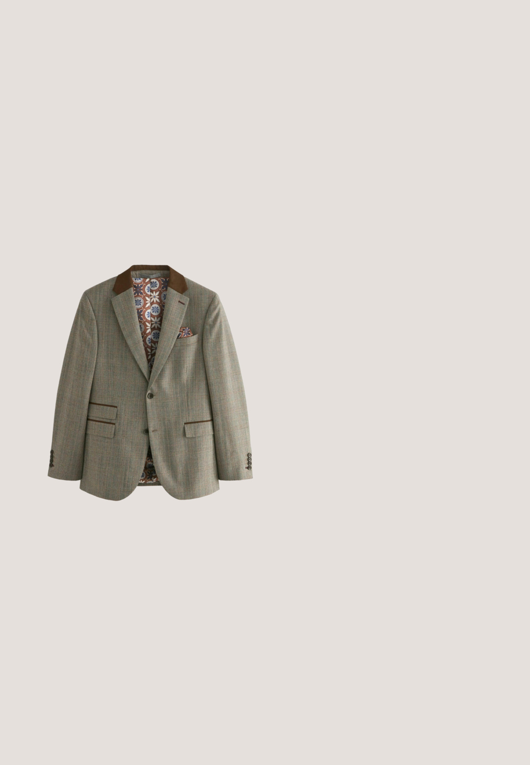 Brauner kariertes Blazer mit einem braunen Wildlederkragen, ausgestattet mit zwei vorderen Taschen, Knopfverschluss und einem gemusterten Innenfutter.; Braun gestricktes ärmelloses Top mit gerippter Textur, hohem Ausschnitt und seitlichen Schlitzen. Verfügt über einen engen Saum und weichen Stoff.; Braune Cordhosen mit geradem Bein, die über eine dezente Rippstruktur und Gürtelschlaufen in der Taille verfügen.; Brauner Leder Oxford-Herrenschuh mit geschlossener Schnürung, Brogue-Details an den Seiten und niedrigem gestapeltem Absatz, von der Außenseite gezeigt.; Dunkelbrauner gestrickter Wollschal flach auf einer weißen Fläche ausgelegt, zeigt gerippte Kanten und feine Textur.; Dunkelbraune Leder-Umhängetasche mit Klappe, vorderer Reißverschlusstasche und zwei Schnallenriemen, verstellbarer langer Schultergurt.
