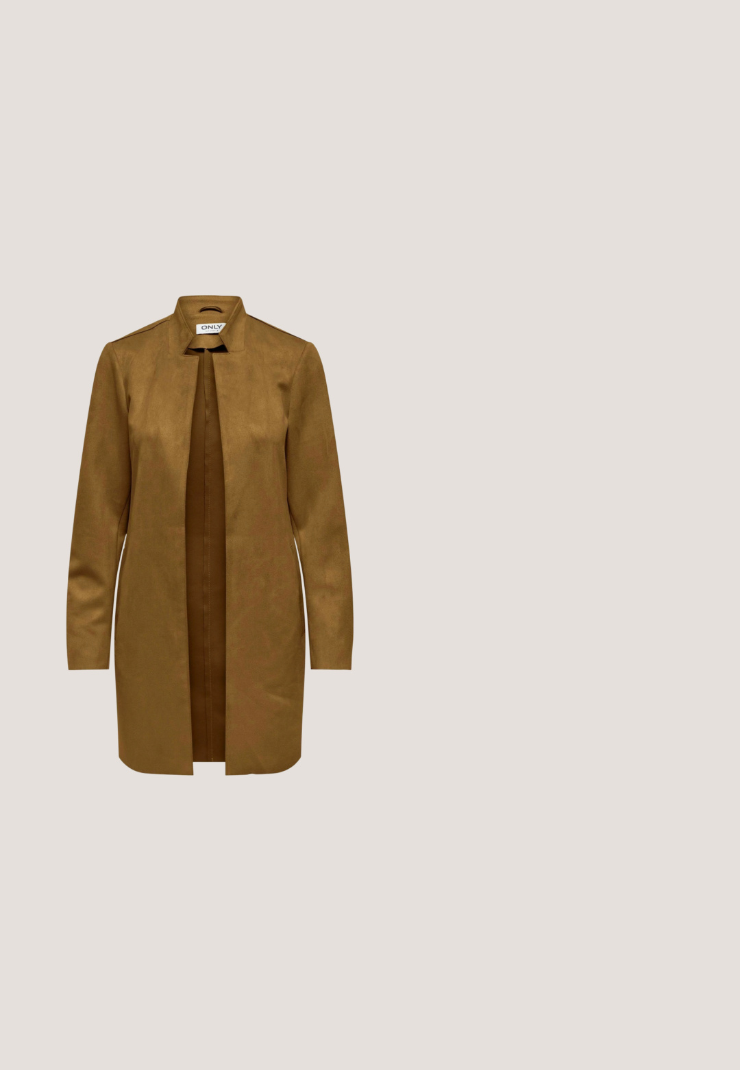Brun, imitativ ruskindsjakke med kravefri design, lange ærmer og åben front. Glat tekstur og minimalistiske stil detaljer.; Mørkebrun bluse med korte ærmer, klassisk krave og rynkede detaljer på ærmerne, knaplukning foran skjult af en stofklap.; Beige skræddersyede shorts ned til knæet med bæltestropper, forreste knap og subtile læg, lavet af tekstureret stof.; Kvinne iført en brun paljettemidi-skjørt og mørkebrune krokodille-teksturerte Mary Jane-hæler som står på marmortrapper.; Skilpaddebrune solbriller med en bred, firkantet ramme lavet af plastik. Brune linser har en guldaccent med et "R" logo på stængerne.; Beige stoftaske med blød struktur, sorte afrundede håndtag og et sort snor med perle detaljer hængende nær håndtagene.
