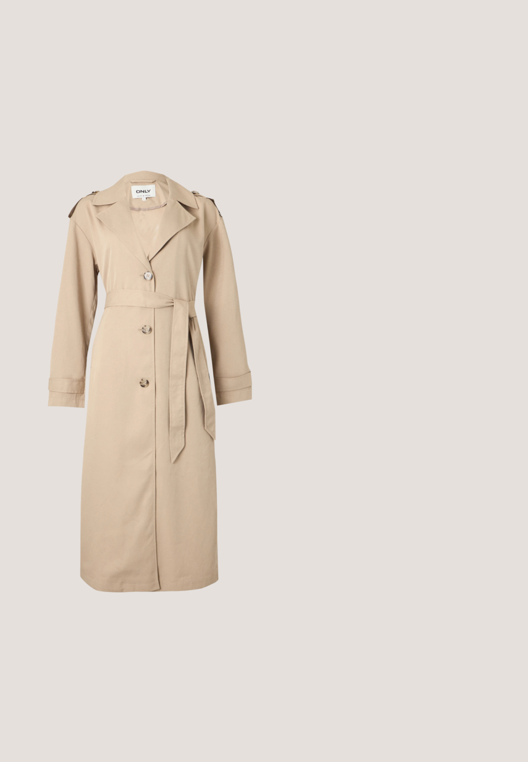Beiger langer Trenchcoat mit Reverskragen, drei Knöpfen vorne, passendem Stoffgürtel und langen Ärmeln mit Manschettendetails.; Beige gestrickter Pullover mit langen Ärmeln, Rundhalsausschnitt, geripptem Saum und Nahtdetails auf der Vorderseite. Hergestellt aus einem weichen, strukturierten Material.; Schwarze, weite Hosen aus luftigem Material, mit glatter Textur, vorderem Knopfverschluss und Seitentaschen.; Schwarze Chelsea-Stiefel aus Leder mit robuster Profilsohle, elastischen Seitenteilen und Zugschlaufe hinten vor einem schlichten weißen Hintergrund.; Wollschal mit weicher Textur, der ein großes Karomuster in den Farben Grün, Beige und Grau zeigt, mit fransigen Kanten versehen.; Kleine braune Lederschultertasche mit verstellbarem Riemen und Reißverschluss, vor weißem Hintergrund. Kein sichtbares Branding oder Verzierung.