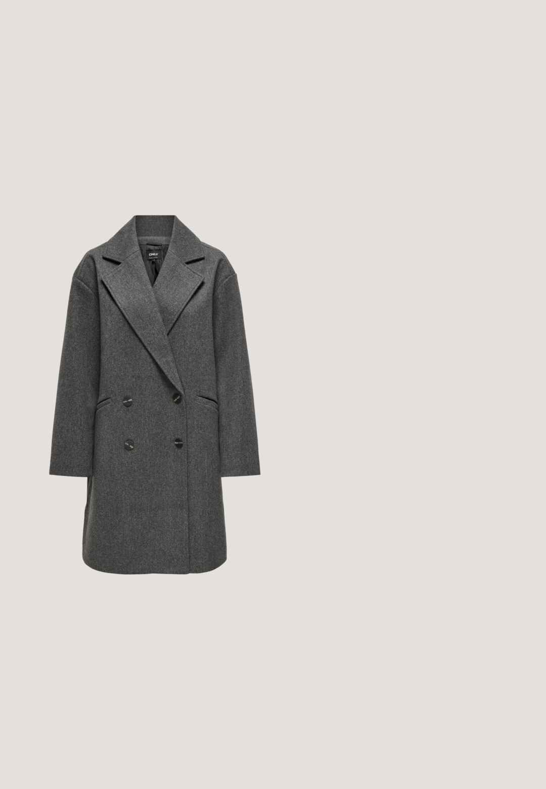 ONLY ONLBLAKE OVERSIZE COAT - Abrigo clásico - dark grey melange; Suéter de punto gris suave con mangas largas, escote redondo y puños y dobladillo acanalados, mostrado de frente sobre un fondo blanco.; Pantalones grises de corte holgado, con cintura elástica, plisados y textura suave. Diseñados para ofrecer comodidad y libertad de movimiento.; Botín de tobillo gris de ante con punta redondeada, forro de suave piel sintética y suela de goma texturizada, con variaciones tonales sutiles.; Bolso de cuero negro con forma redondeada, que presenta dos bolsillos frontales y una sola correa para el hombro. Textura suave con una sutil marca.; Pulsera de puño abierta torcida de plata con un diseño suave y fluido parecido a una ola sobre un fondo blanco.