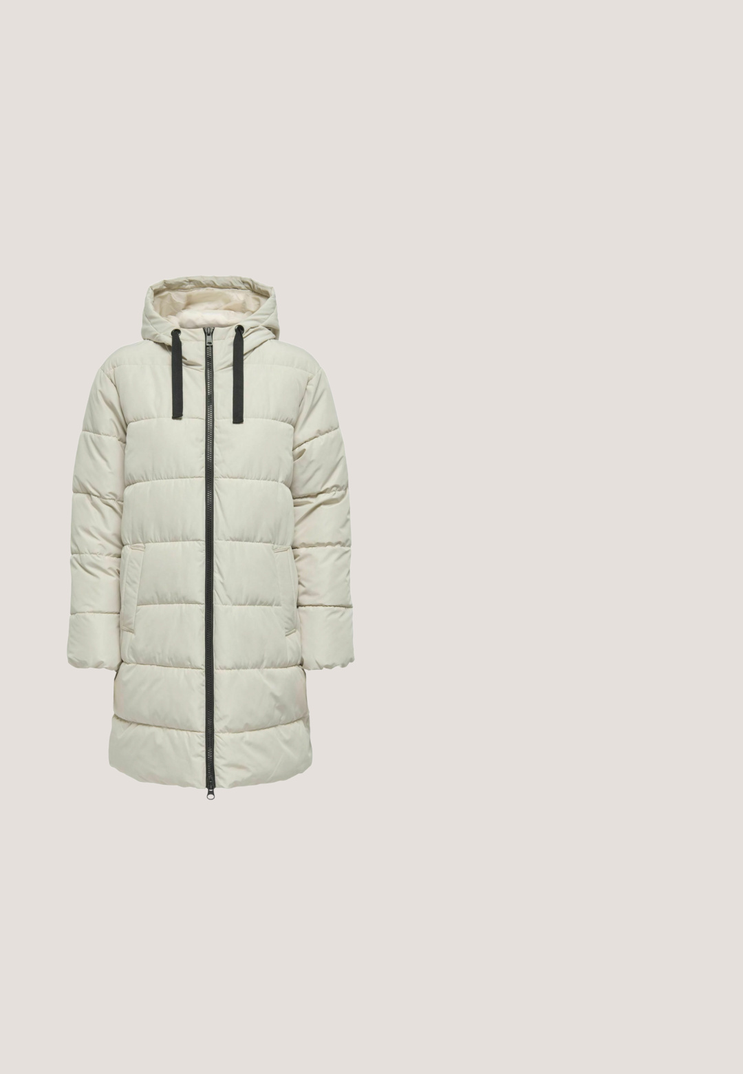 Gevoerd parka-jack in lichtbeige met een capuchon, metalen rits aan de voorkant, zwarte trekkoordjes en twee zijzakken, met een gewatteerde textuur.; Witte hoodie van een katoenmix. Heeft lange mouwen, een voorzak met kangaroo-pockets en ribgebreide boorden en zoom.; Witte korte mouwen t-shirt met zwarte 3D-cursieve tekst "London" over de borst en een ronde halslijn.; Witte sweatpants met een elastische tailleband en cuffs bij de enkels. Kenmerkt zich door een geprinte logo aan de linkerkant. Zachte stoftextuur.; Apple of Eden SNEAKER - Sneakers laag - beige; Witte nylon schoudertas met een ritssluiting, rechthoekige vorm, gepolsterde textuur, verstelbare schouderband en metalen merklogo accent.