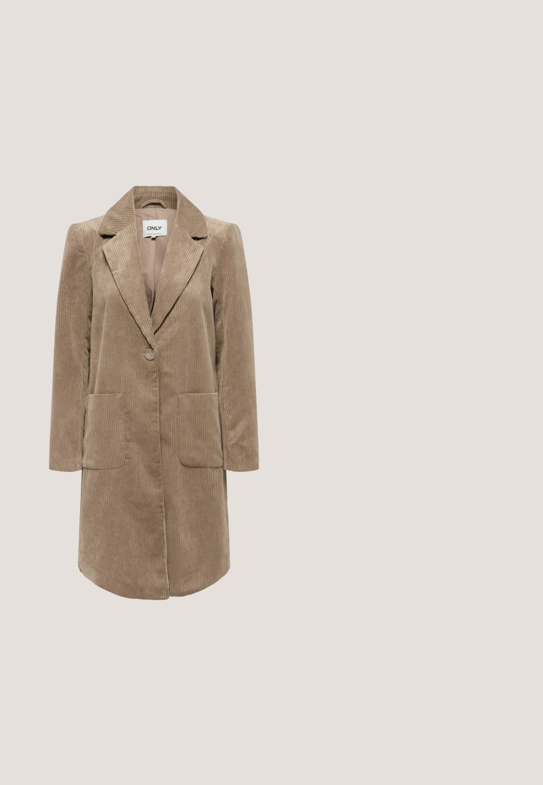 Lichtbruin Corduroy jas met een notch-kraag, enkele knopen sluiting en twee voorzakken. Beschikt over een rechte snit en een gestructureerde stof.; Knee-lange ribgebreide jurk in lichtbruin, met een hoge hals en lange mouwen met taps toelopende manchetten, afgerond met een gegolfde zoom.; Anna Field by Zalando Laarzen - beige; Zonnebril met metalen montuur, vierkante bruine gradient glazen en slanke pootjes met een decoratief patroon vlak bij het scharnier.; Beige en bruin patroon Guess handtas met zilveren kettingriem en voorste sluiting met de letter G en het Guess-logo.; Gouden hartvormige studoorbellen met aan de ene kant heldere rhinestones en aan de andere kant gegraveerd met "GUESS." Gladde afwerking, gepolijste oppervlakte.