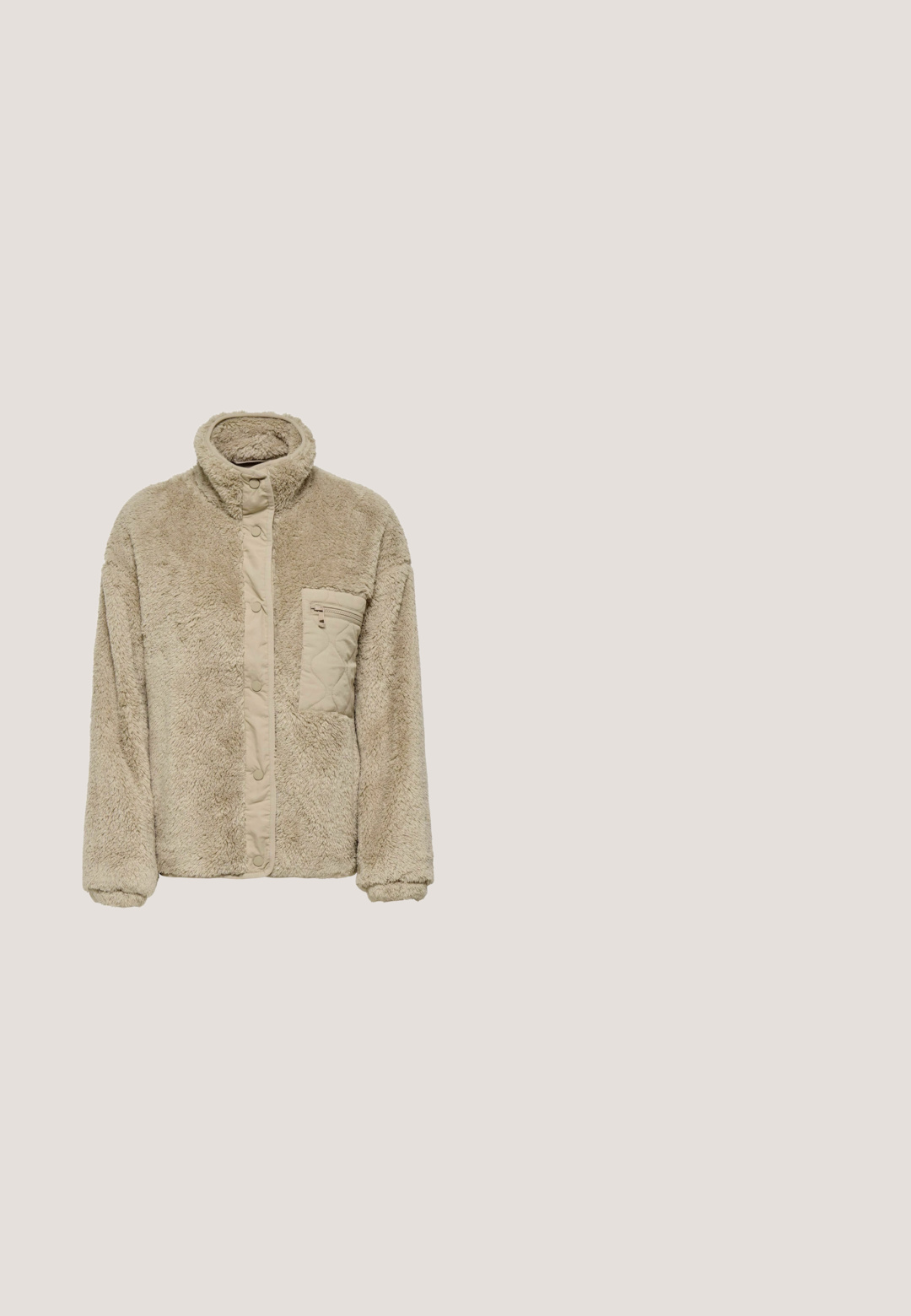 Veste en polaire beige à poils longs avec fermeture à boutons sur le devant, poche poitrine matelassée zippée, manches longues et col montant.; Pull en col roulé beige avec des poignets et un ourlet côtelés, présentant un petit mot brodé en noir "another" sur la zone de la poitrine gauche.; Haut en jersey à col roulé crème à manches longues, ajusté et avec une texture de tissu lisse, présenté sur un fond blanc uni.; Pantalon beige en velours côtelé à jambes larges avec taille élastique et cordon de serrage à l'avant, conçu pour un usage décontracté.; Chaussons en daim marron avec finition en fausse fourrure blanche. Semelle intermédiaire épaisse et semelle extérieure texturée. Logo UGG visible sur le côté. Design décontracté et facile à enfiler.; Sac à épaule beige en fausse fourrure douce avec bandoulière noire réglable et petite étiquette rectangulaire noire avec texte doré indiquant Lancaster Paris.