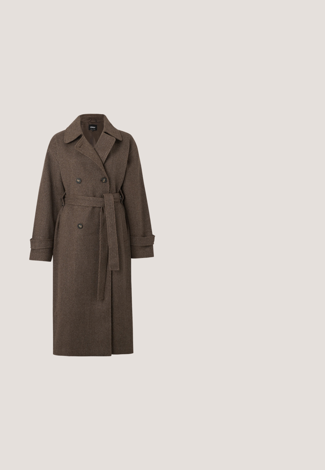 Bruine herringbone-gepatenteerde jas met een dubbelzijdig ontwerp, grote kraag, ceintuurlijn en manchetten. Gelaagd wol-mix materiaal.; Bruine gebreide cardigan van zachte stof, met een ronde halslijn, knopen aan de voorkant en lange mouwen. Geproduceerd met een gestructureerde afwerking.; Donkerpaarse, aansluitende damesblouse met lange mouwen en ronde hals op een effen lichte achtergrond.; Wijde broek in donkergrijs ruitpatroon, met hoge taille, plooien en een gestructureerde pasvorm. Gemaakt van een getextureerde stof.; Bruine gepatineerde leren balletschoen met een vierkante neus en een bandje met een kleine gouden gesp. Gladde textuur, lage hak en minimalistisch ontwerp.; Bruine rechthoekige schoudertas met lange riemen en minimale stikdetails op een effen achtergrond.