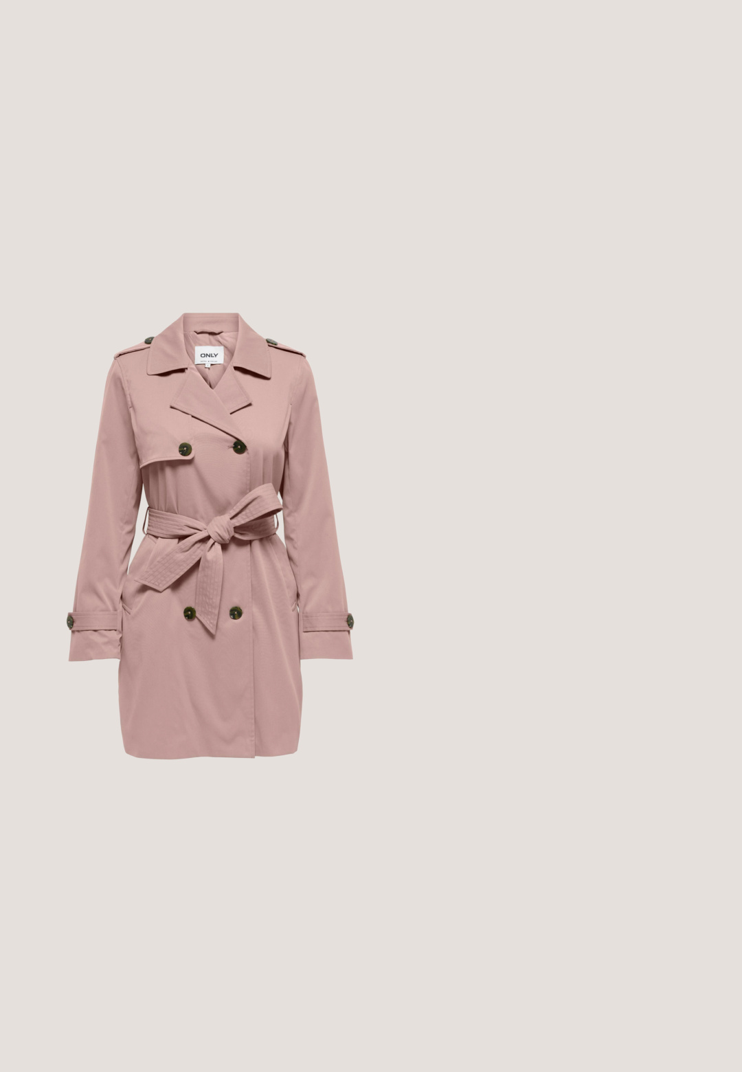 Trench-coat rose clair à double boutonnage avec épaulettes, poignets boutonnés, poches avant et ceinture nouée à la taille.; Robe rose décolleté, en tissu à côtes, avec un corsage froncé, une jupe évasée et des bords volants sur les manches et l'ourlet.; Chaussure à talon haut pour femme rose, avec bout pointu, bride cheville nouée en nœud et talon stiletto fin sur fond uni.; Lunettes de soleil avec des montures rectangulaires surdimensionnées, passant du bleu foncé au rose. Matériau plastique lisse avec des verres teintés dégradés. Détail logo doré.; Sac à main rectangulaire rose clair avec longues anses, détails noués sur les côtés et petit logo "ALDO" au centre à l'avant.; Boucles d’oreilles pendantes ton or avec motifs floraux en cristal rose et clair et fermoirs à levier sur fond blanc.