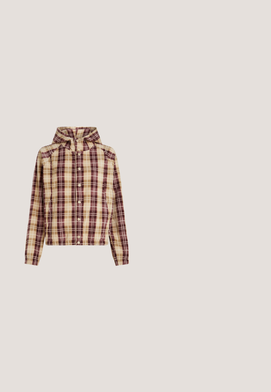 Plaid fleecejakke med hætte i brune, beige og cremefarver, med frontlukning med trykknapper og lange ærmer.; Pullover fleece med pink, orange og gule blomster mønstre på en mørkebrun baggrund. Har hætte og knaplukning. Blød tekstur.; Brun kortærmet T-shirt med beige kant, blomster grafik og blå tekst med O'Neill Born in Santa Cruz California i 1952.; Brune elastiske joggingbukser med ankelmanchetter og en lille O'Neill-logo på venstre lår.; Høje sneakers i lilla ruskind med brune læderdetaljer, rund tå, teksturerede mesh-paneler og flad gummisål.; Mørkebrun leopardprint duffel taske med to håndtag, front lynlåslomme, justerbar skulderrem og sort label foran i midten.