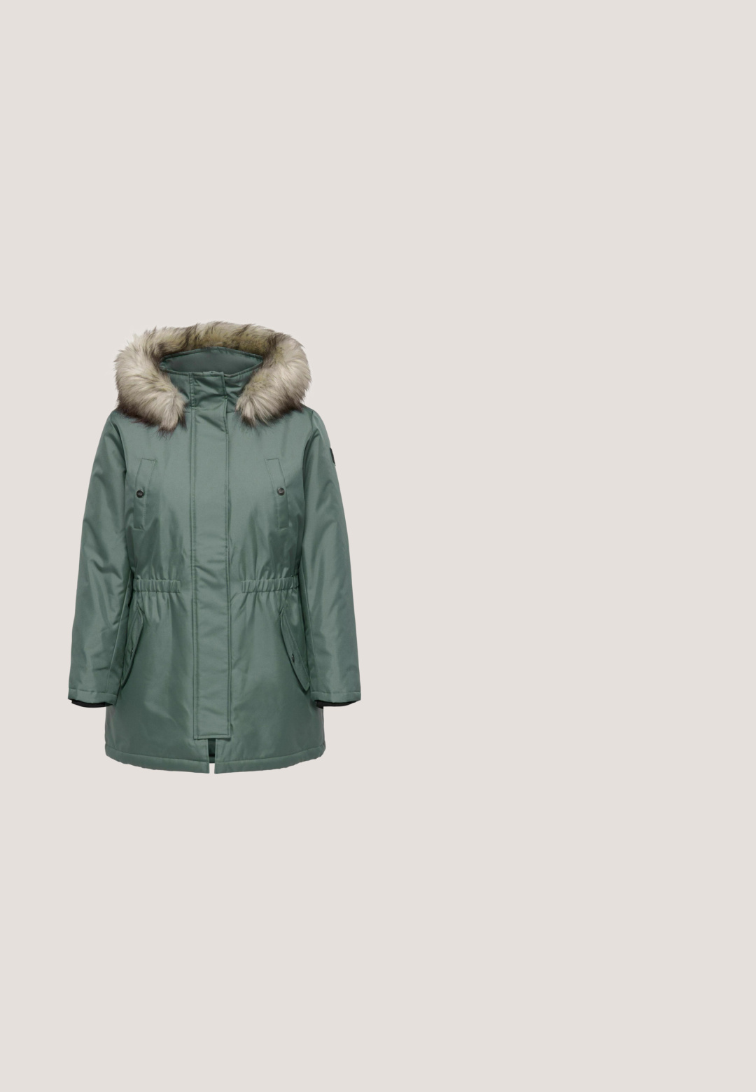 Grüne, isolierte Parkajacke mit Kapuze aus Kunstfell, Seitentaschen, elastischem Bund und einem Reißverschluss vorn. Glattes, wasserabweisendes Material.; Leichtes Langarmshirt mit grünen und weißen Streifen, Rundhalsausschnitt und kleinem Herzlogo auf der Brust.; Gerade geschnittene dunkelblaue Jeans aus Denim mit vorderen Taschen, Gürtelschlaufen und einem Frontknopfverschluss, vor einem neutralen Hintergrund präsentiert.; Grüner Wildleder-Sneaker mit pinken Akzenten, abgerundeter Spitze, flachem Schnürdesign, Gummisohle und zwei horizontalen Streifen in Hellrosa.; Liebeskind Berlin CLARICE 27.5 CM - Umhängetasche - fresh green; Silberne Metalldekolleté mit einem glatten, flexiblen Design. Verfügt über eine Kettenverlängerung und einen runden Verschluss für verstellbare Länge.