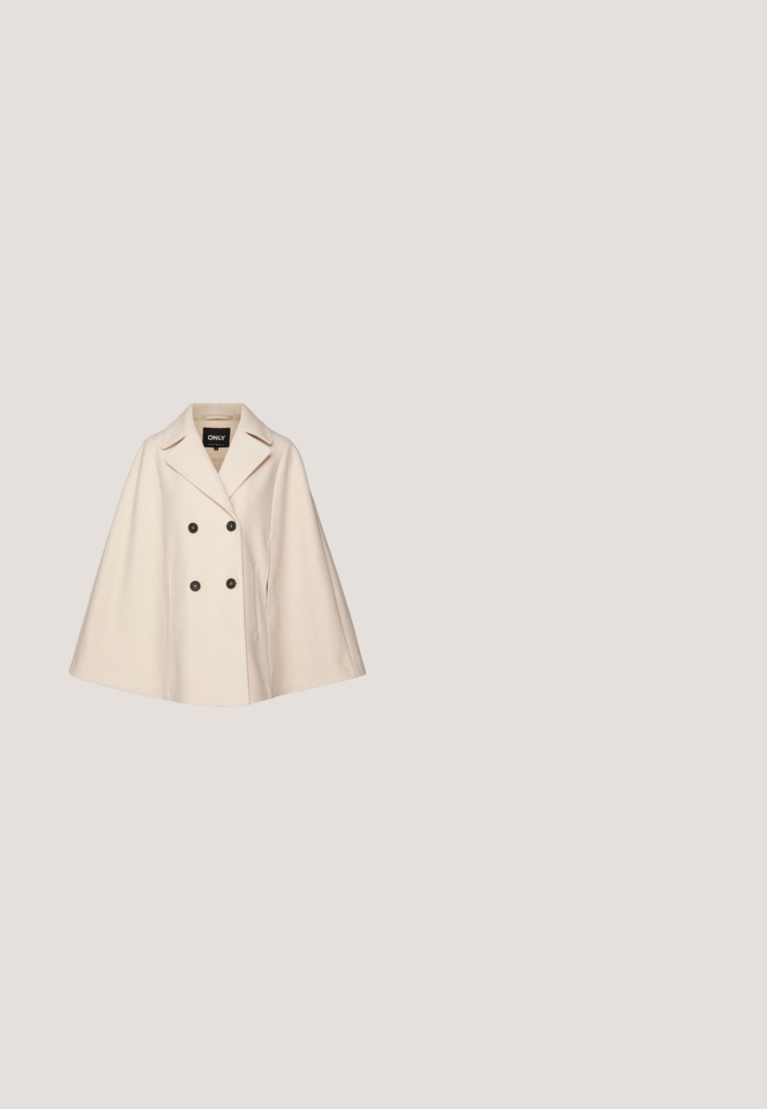 Manteau cape en mélange de laine beige avec un design croisé, grands revers et deux poches latérales ; présente des boutons foncés et une texture douce.; Apricot BLOCK SWING - Robe en jersey - teal; Bottes blanches jusqu'au genou avec une finition lisse et brillante. Talon carré et détails de couture subtils sur le côté.; Lunettes de soleil noires oversize forme œil de chat avec verres foncés et marquage "Gino Rossi" sur les branches, présentées sur fond blanc.; Sac à main en cuir verni noir avec un design structuré, comportant une poignée supérieure, des accents en métal doré et un petit rabat à l'avant.; Loeffler Randall BELLAMY OVERSIZE HEADBAND - Accessoires cheveux - cream