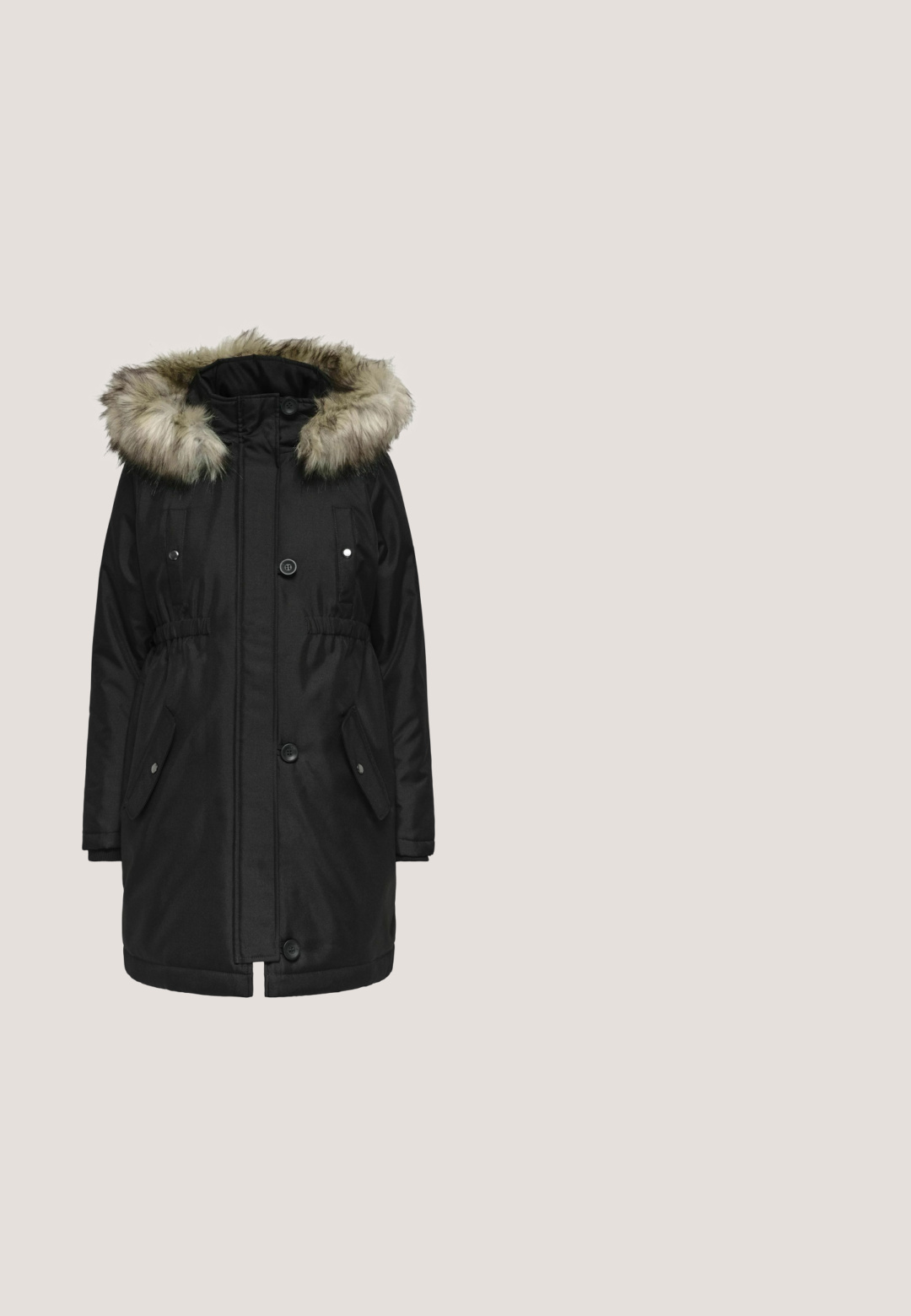 Parka noire avec une capuche en fourrure, dotée de fermetures à boutons, de poches latérales et d'une taille ajustable pour un ajustement sur mesure.; Haut de maternité noir à manches courtes avec encolure ronde et ceinture nouée à la taille, conçu pour s’adapter à un ventre de grossesse.; Leggings de maternité noirs avec une taille haute et un soutien optimal, texture lisse, design ajusté, sans motifs ni embellissements visibles.; Chaussure plate en cuir noir debout sur une surface asphaltée près du bord d'un trottoir carrelé.; Sac à bandoulière en cuir noir avec une sangle réglable et des détails géométriques cousus sur le devant, présenté sur un fond blanc uni.; Boucles d'oreilles en argent sterling avec des disques ronds et plats au fini poli. Fixées avec des fermoirs papillon. Marquées "925".